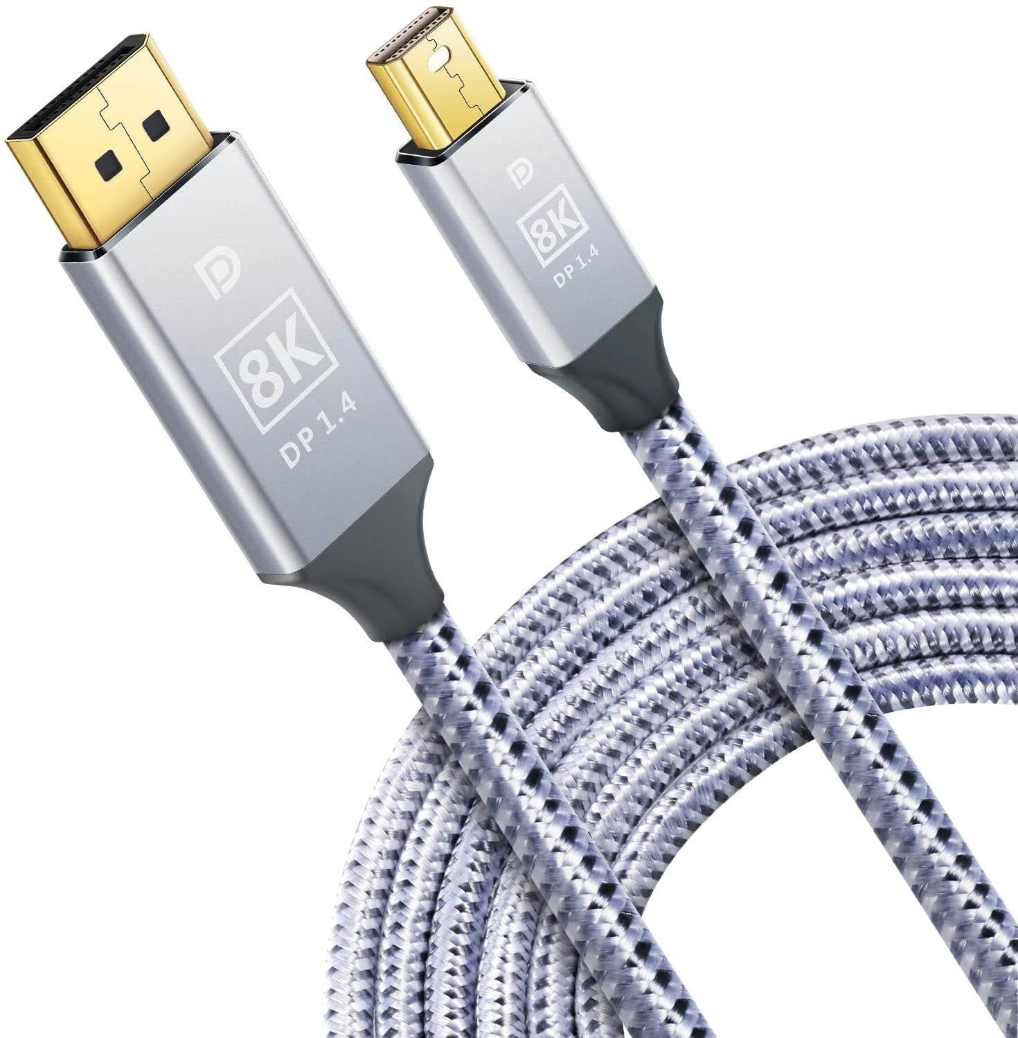 Mini Displayport to Displayport Cable JUSTITUDE 8K DP Cable Nylon Braided High Speed DisplayPort to Mini DisplayPort Cable Supports 8K@60Hz 5K@60HZ 4K Compatible Mini DP Cable(DP-DP MINI/6.6ft White)