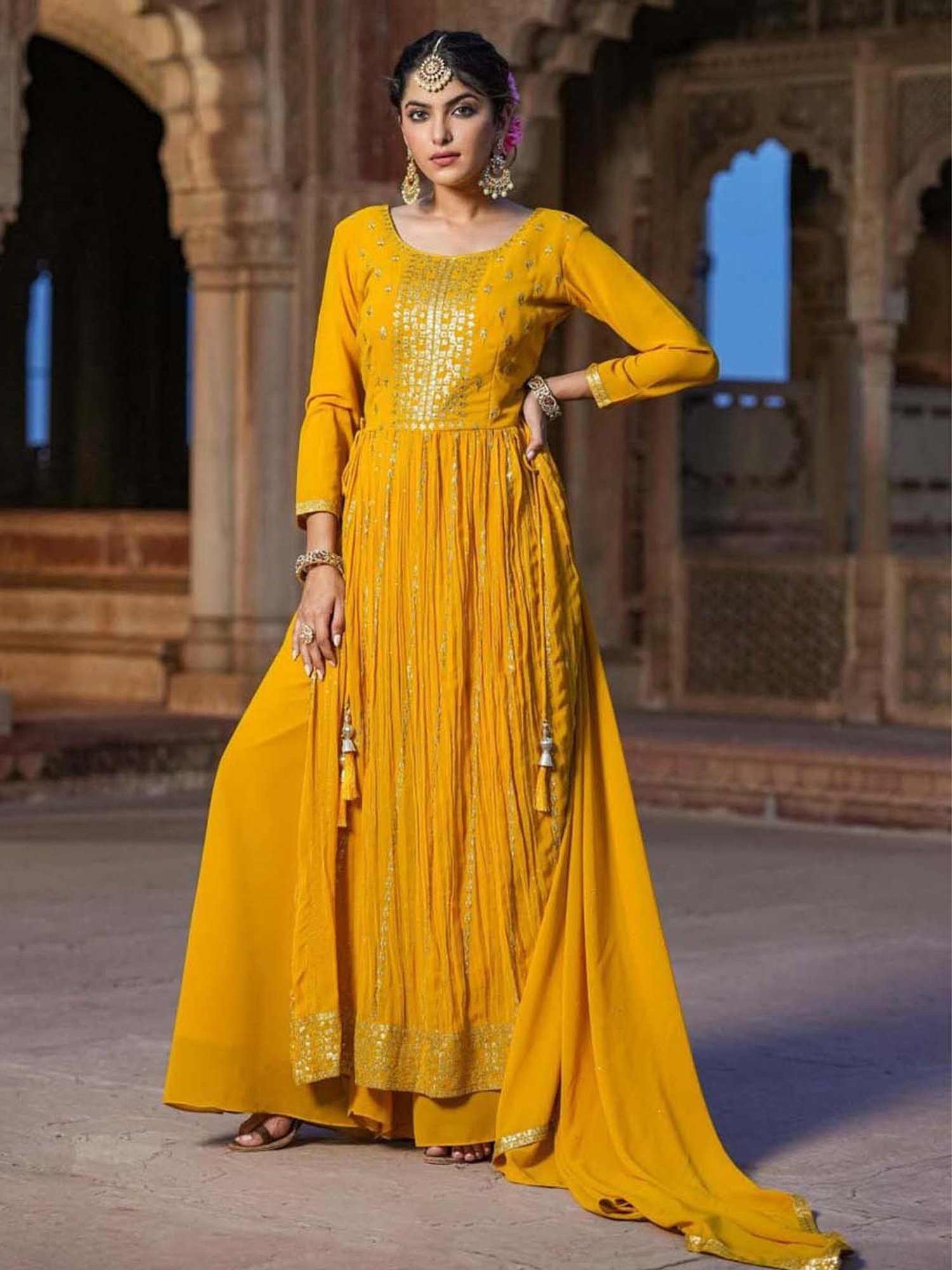 SCAKHI Yellow Embroidered Kurta Palazzo Set With Dupatta