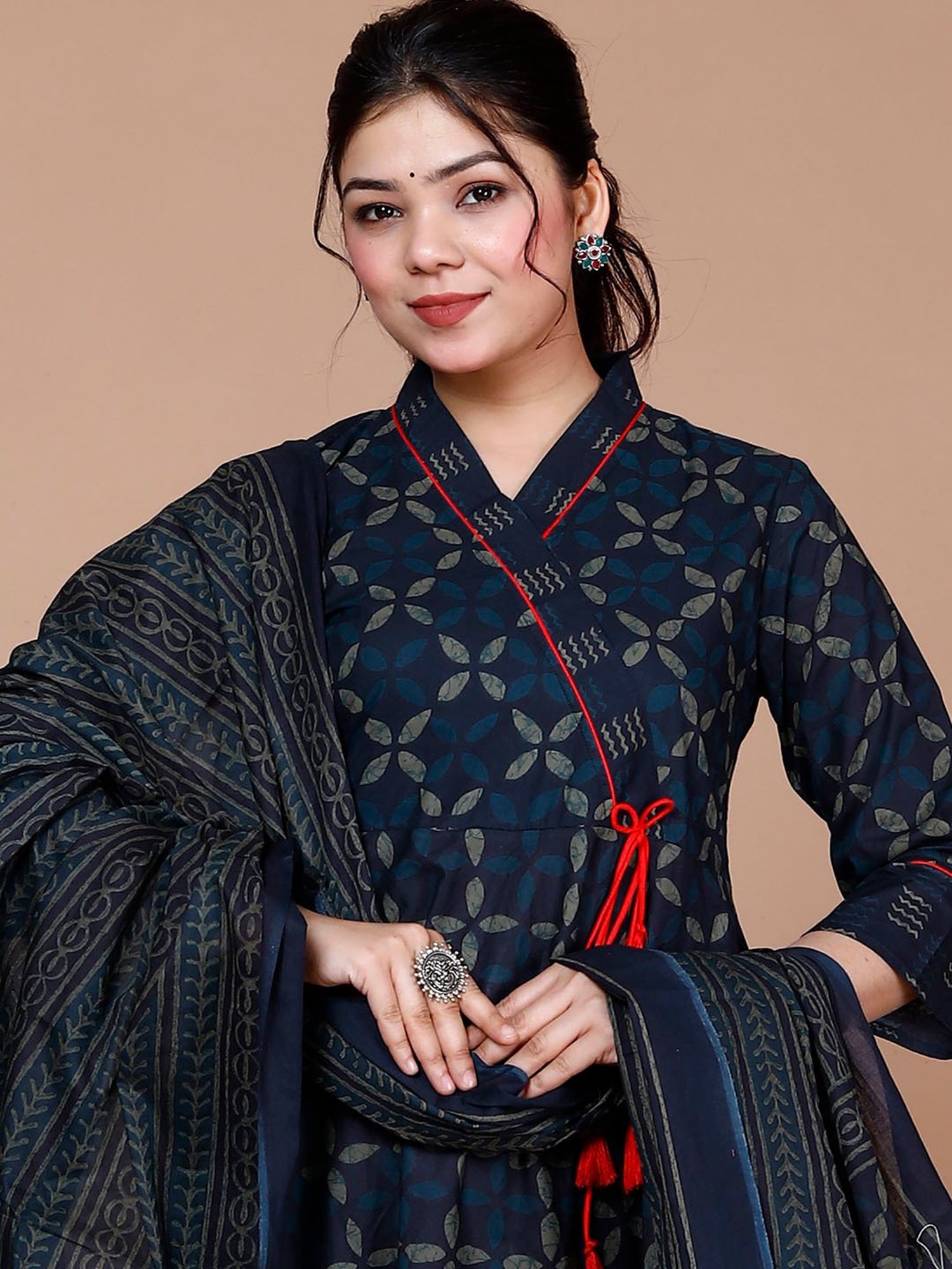 Miravan Blue Printed Fit & Flare Kurta With Dupatta