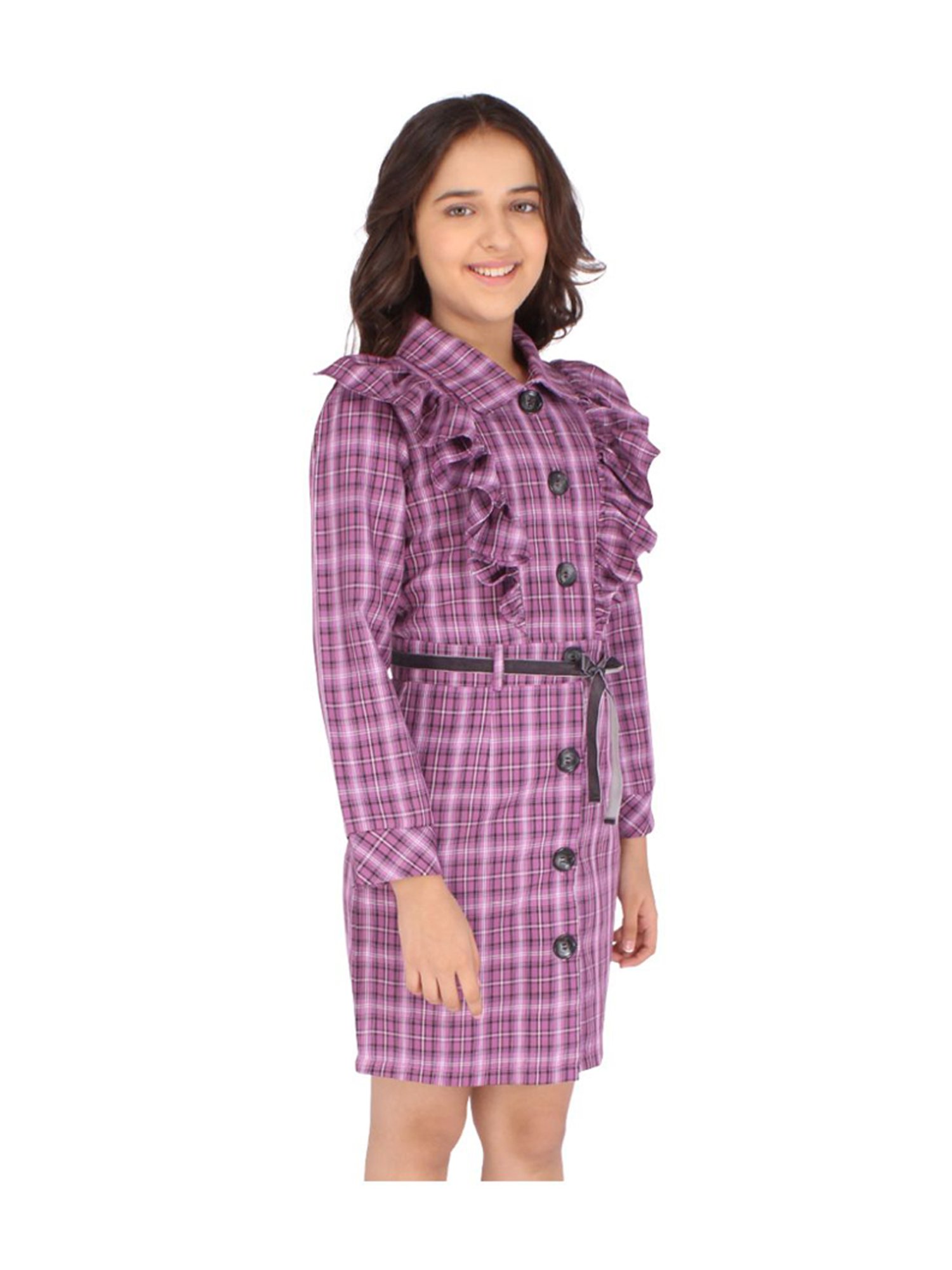Cutecumber Kids Purple Chequered Full Sleeves Dress