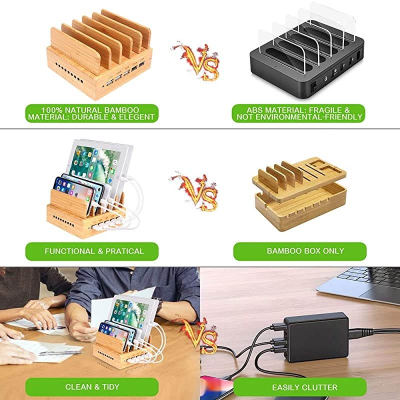 Bamboo Charging Station Wood Charging Station for Multiple Devices with 5 Ports USB Charger Docking Station for iPhone iPadTablet and Android Cell Phone