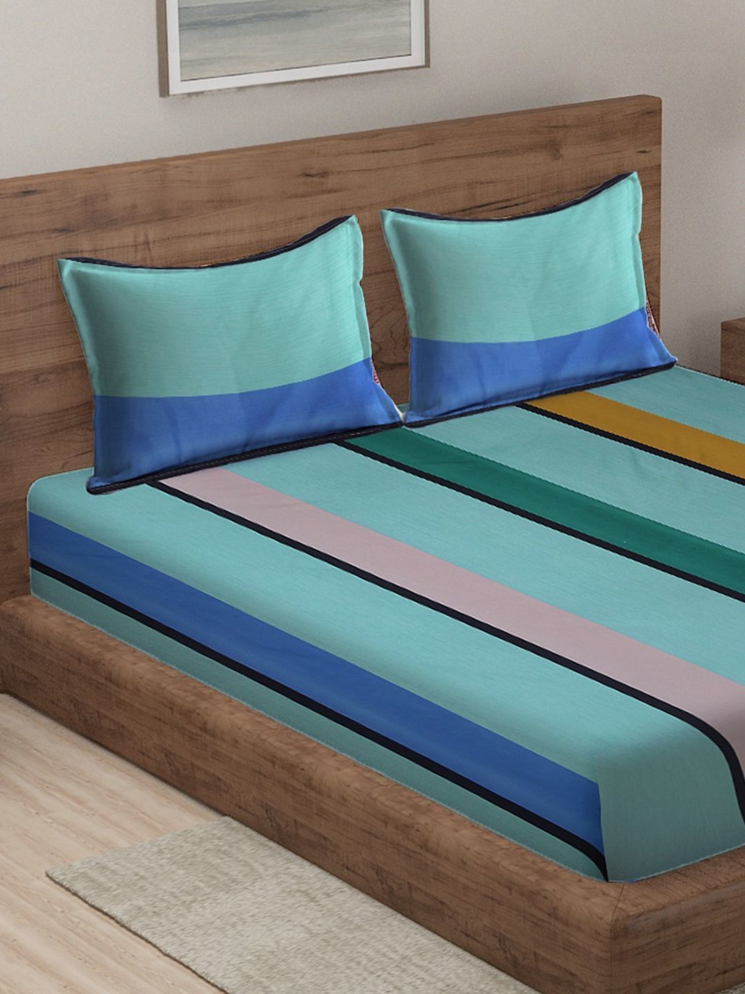 Klotthe Stripes Multicolor 210 TC Cotton Blend King Size Bed Sheet with 2 Pillow Covers