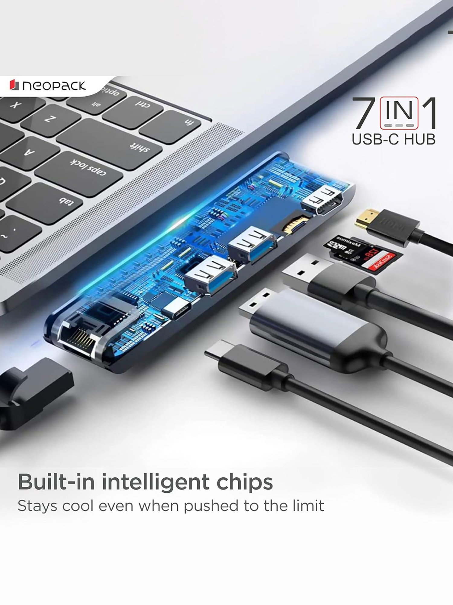 Neopack 7 in 1 USB C Hub Multiport Adapter with SD-TF Card Slots, USB 3.0 5Gbps Data Ports (Silver)