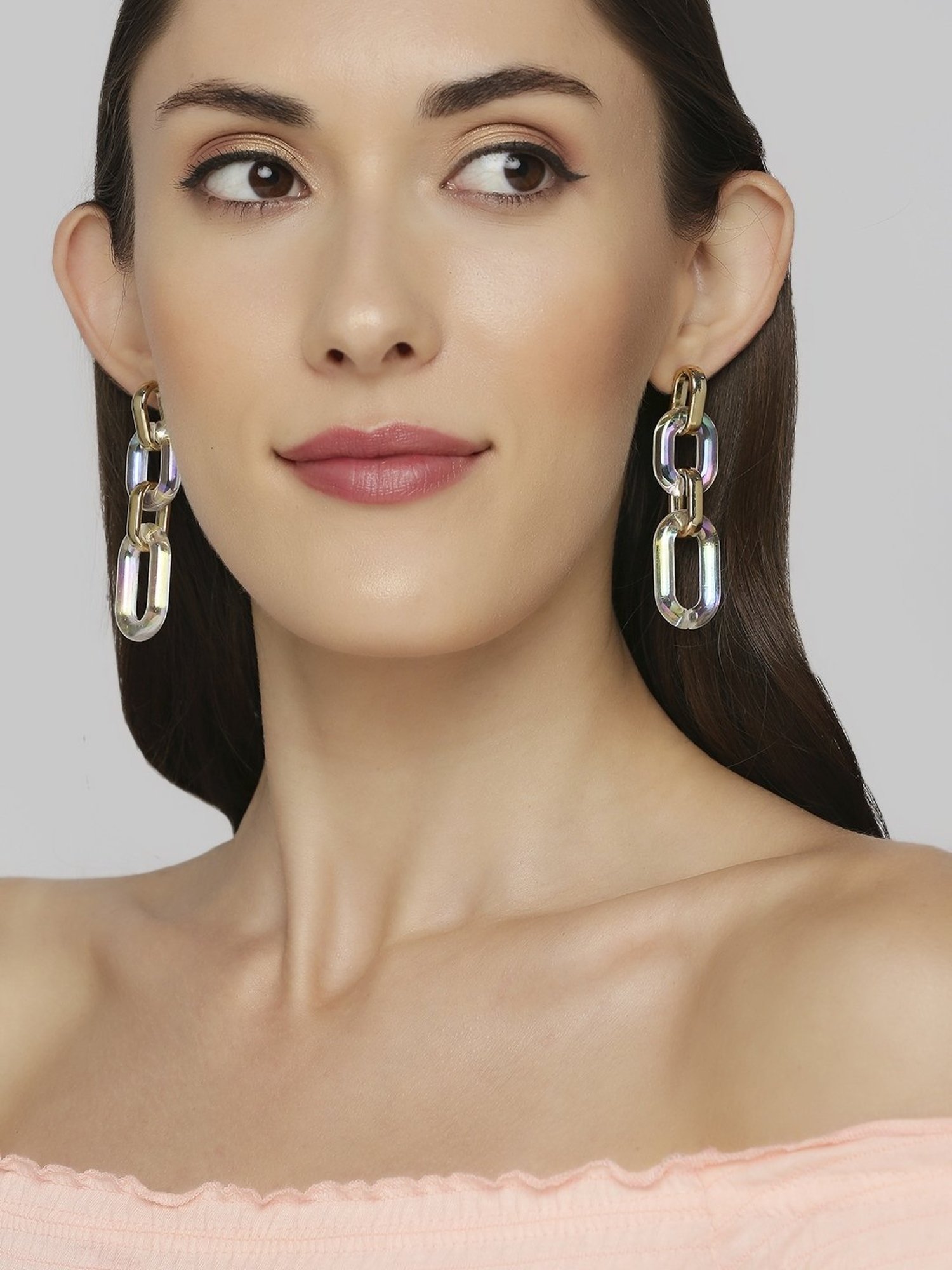 OOMPH Golden & White Rainbow Hue Link Chain Fashion Drop Earring for Women