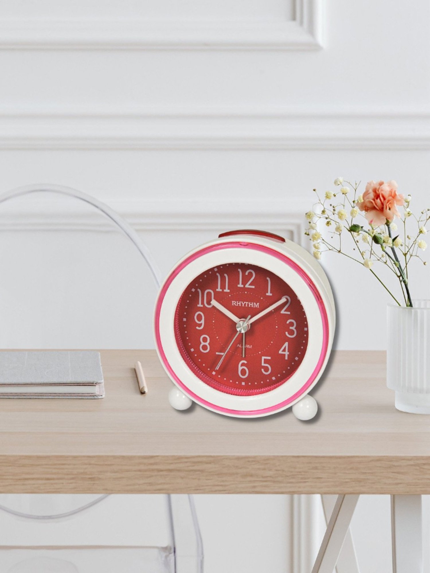 RHYTHM Red & White Plastic Round Beep Alarm Sound with LED Flash Light Table Clock