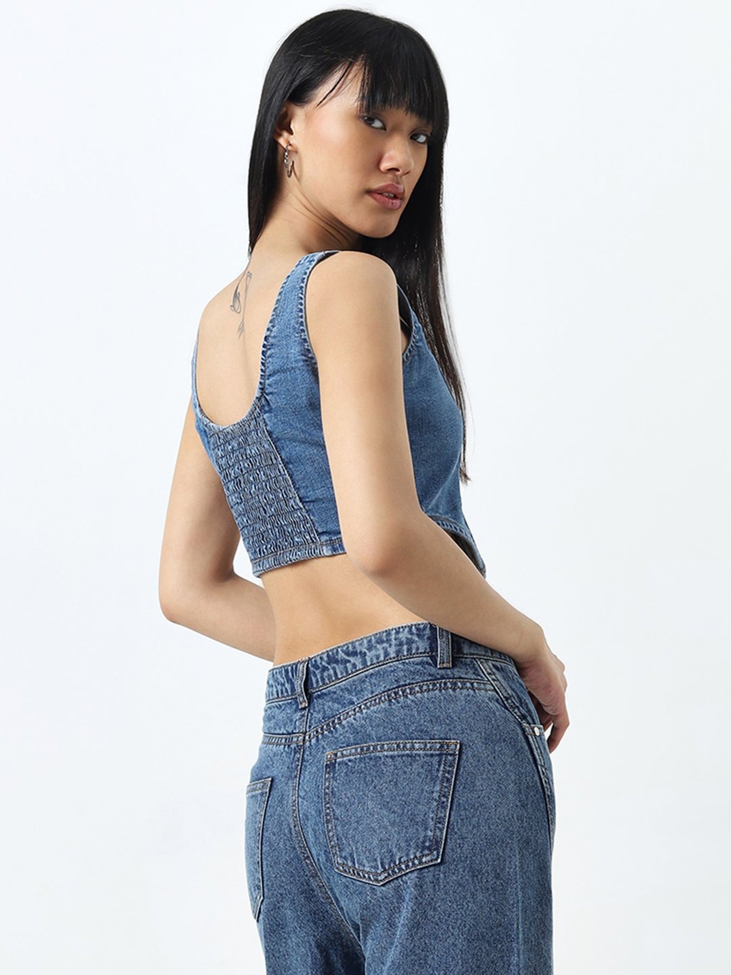 Nuon by Westside Blue Corset-Style Denim Crop Top