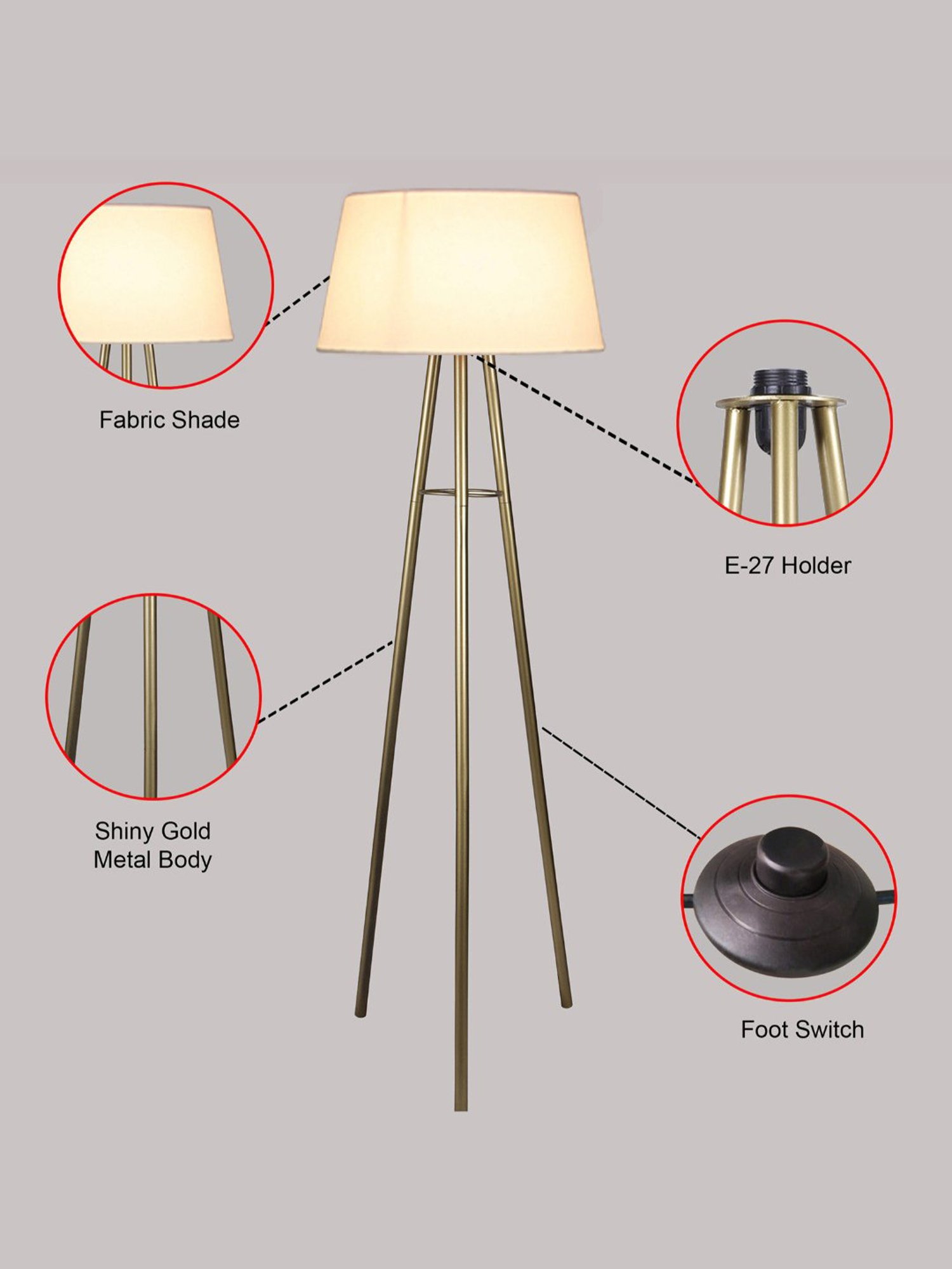 Homesake Cream & Golden Metal Standing Floor Lamp with Bulb and Floor Switch (Iron Legs)