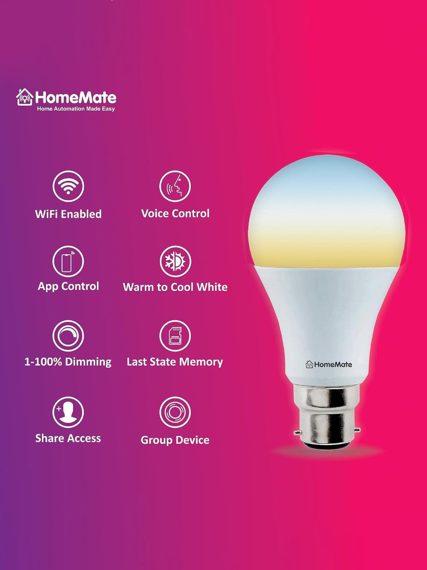 HomeMate WiFi CCT 12 Watt Smart Bulb Compatible with Alexa, Google Home and Siri (Multicolor)
