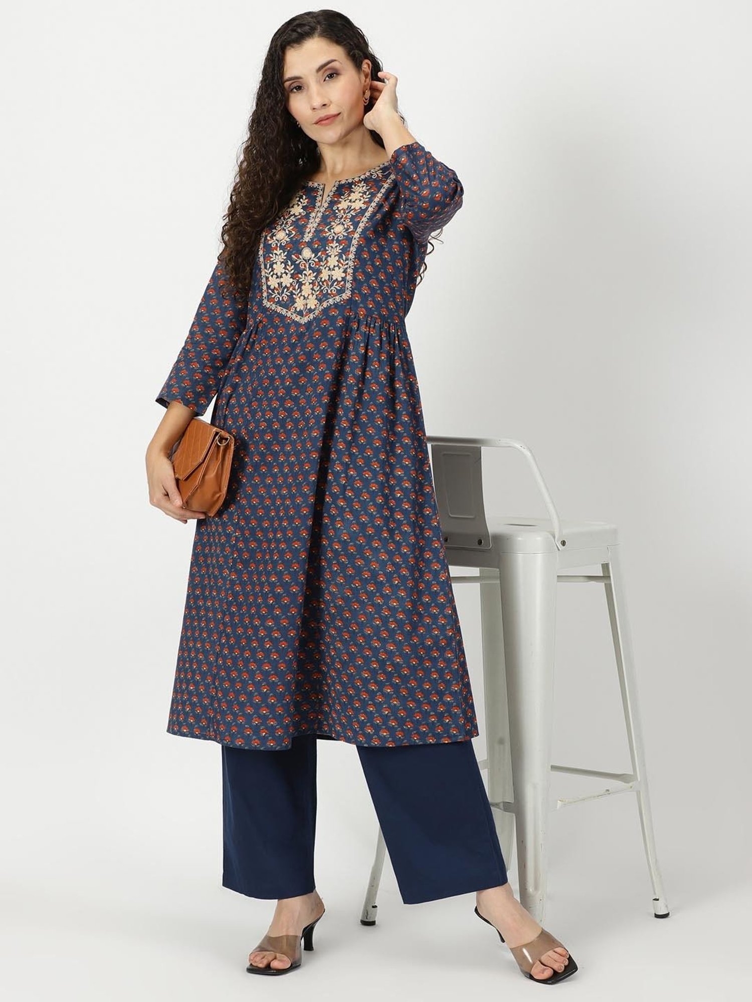 Saffron Threads Blue Cotton Floral Print A Line Kurta