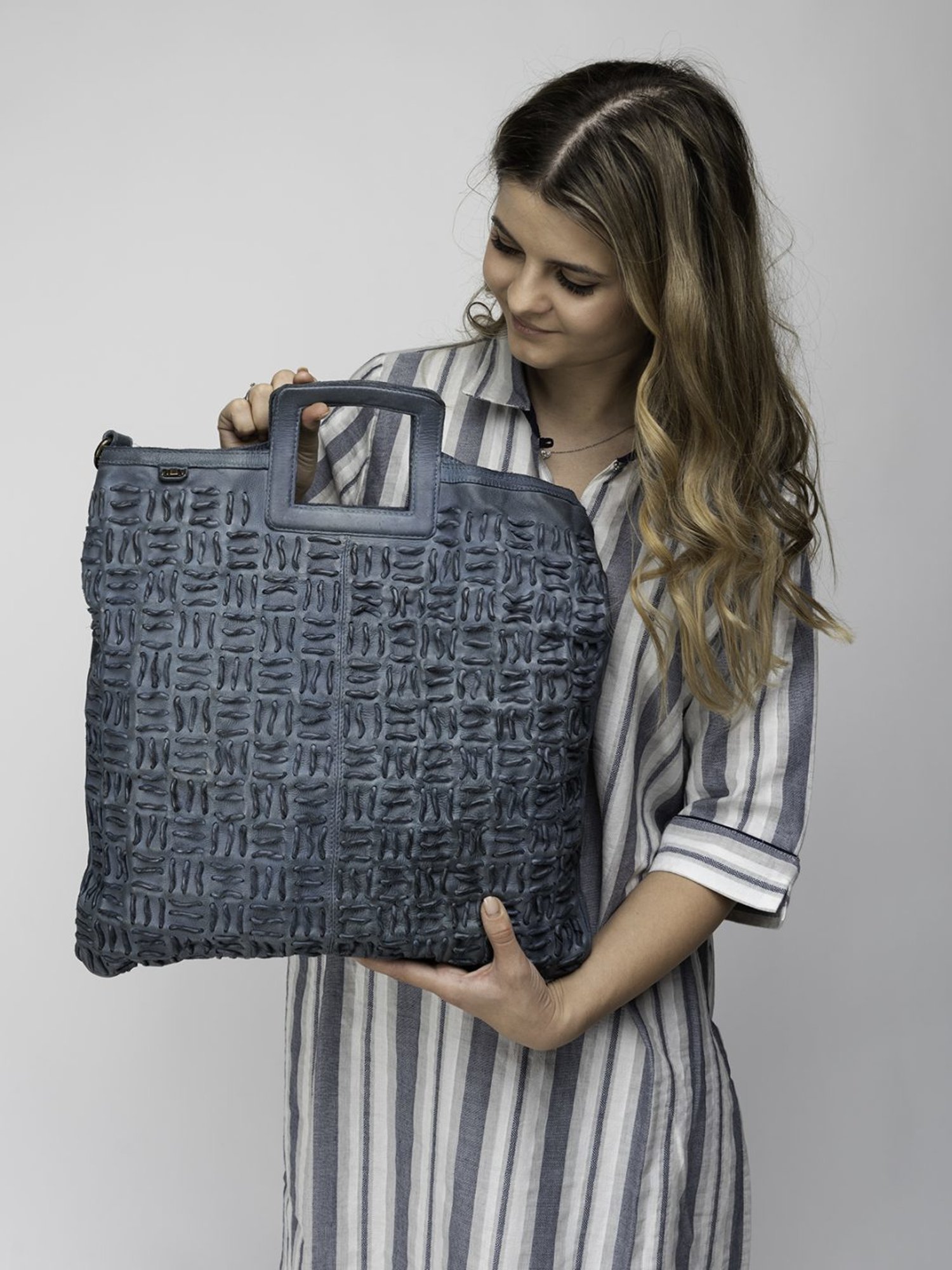 Art N Vintage Esther Blue Leather Textured Large Handbag