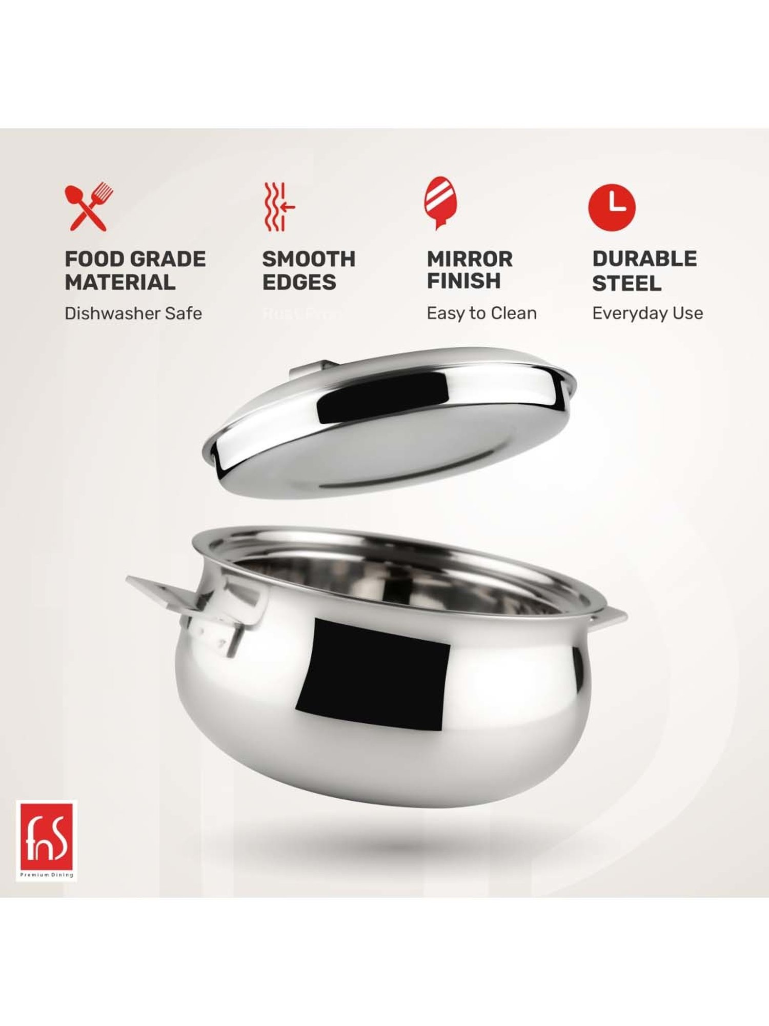 FnS Monja Silver Stainless Steel Casserole With Lid (3 L)