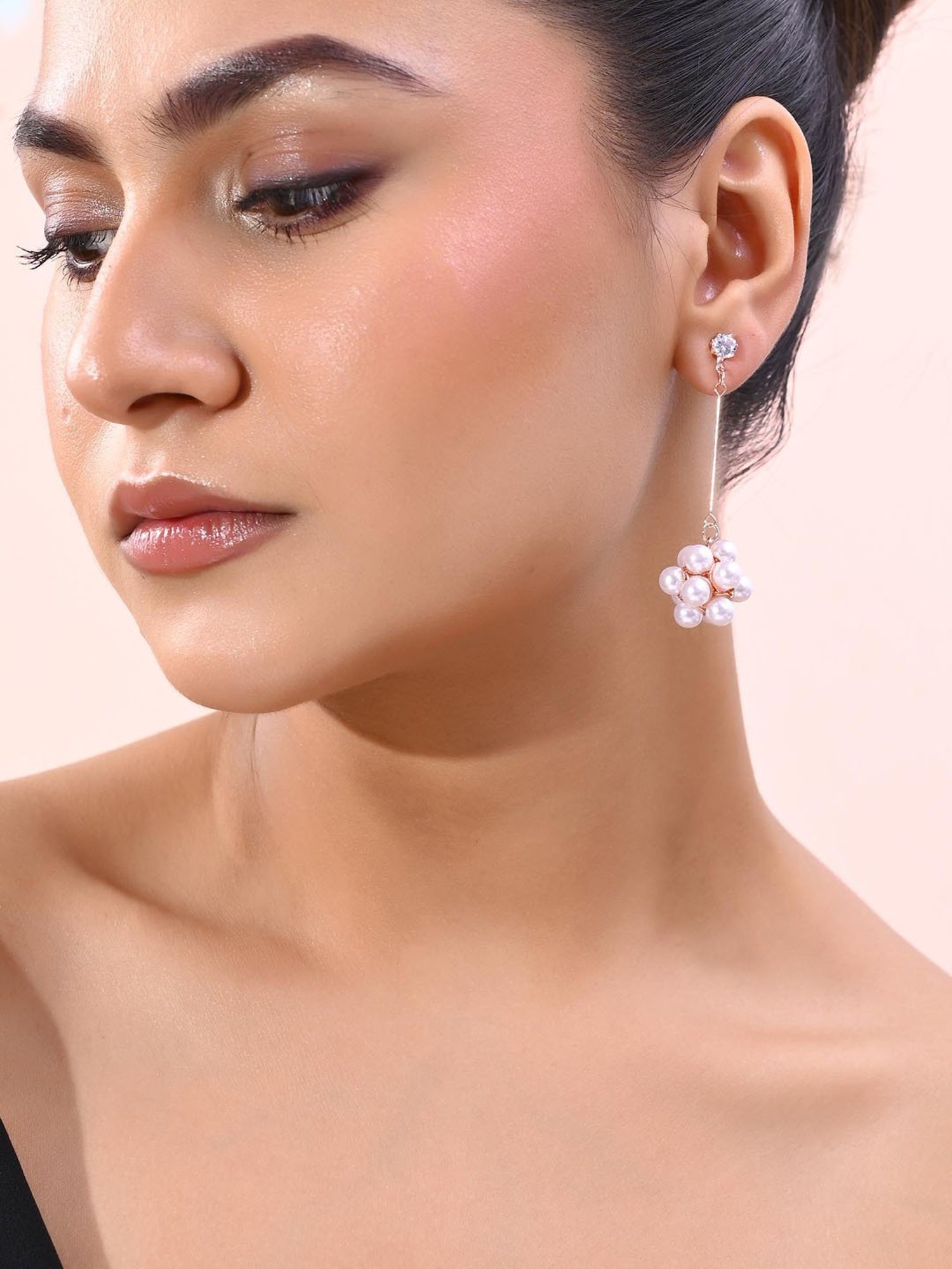 VOJ Rose Gold-Plated Handcrafted Floral Pearl Drop Earrings for Women