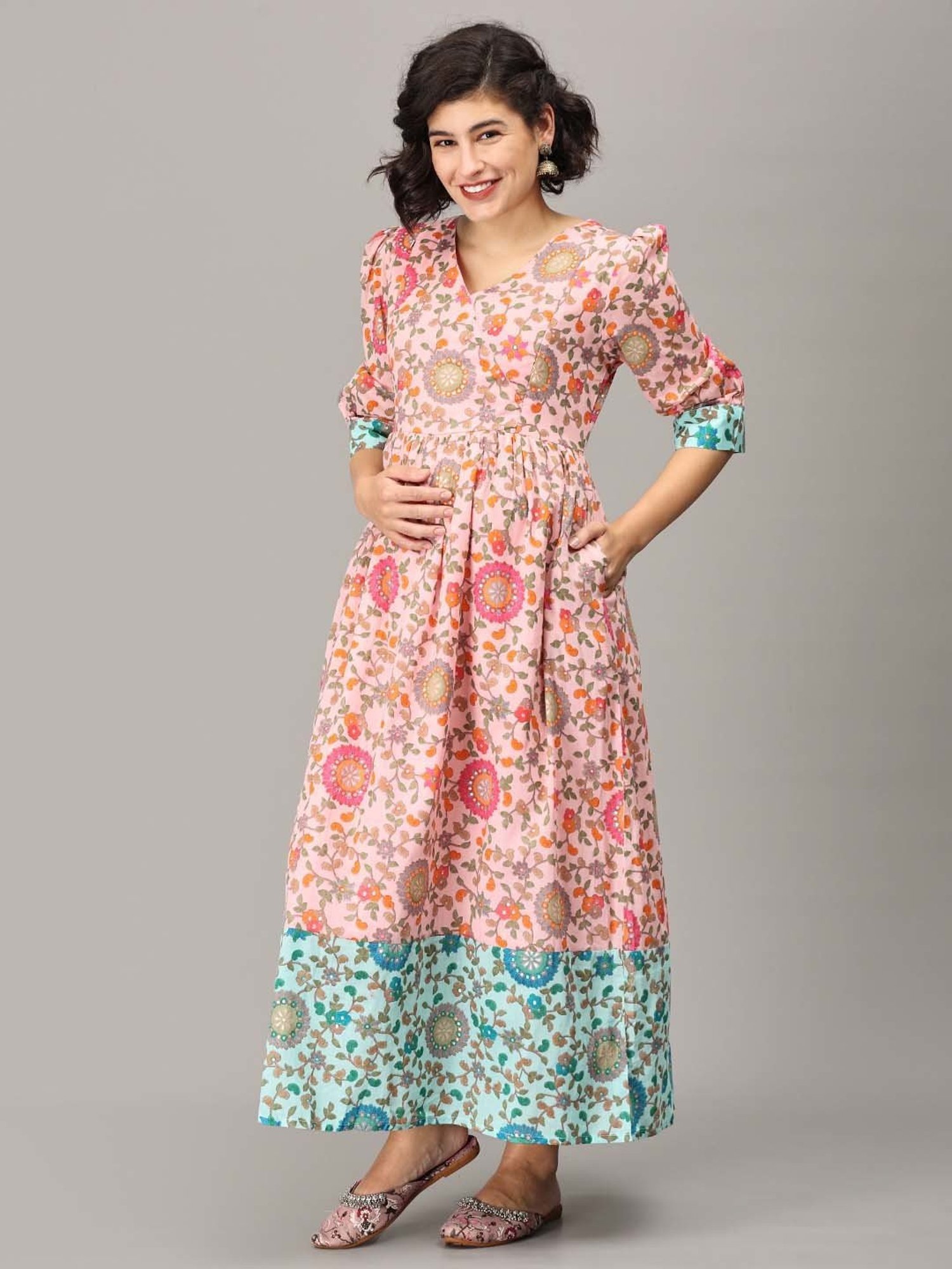 The Mom Store Pink Floral Print Maternity Maxi Tier Dress