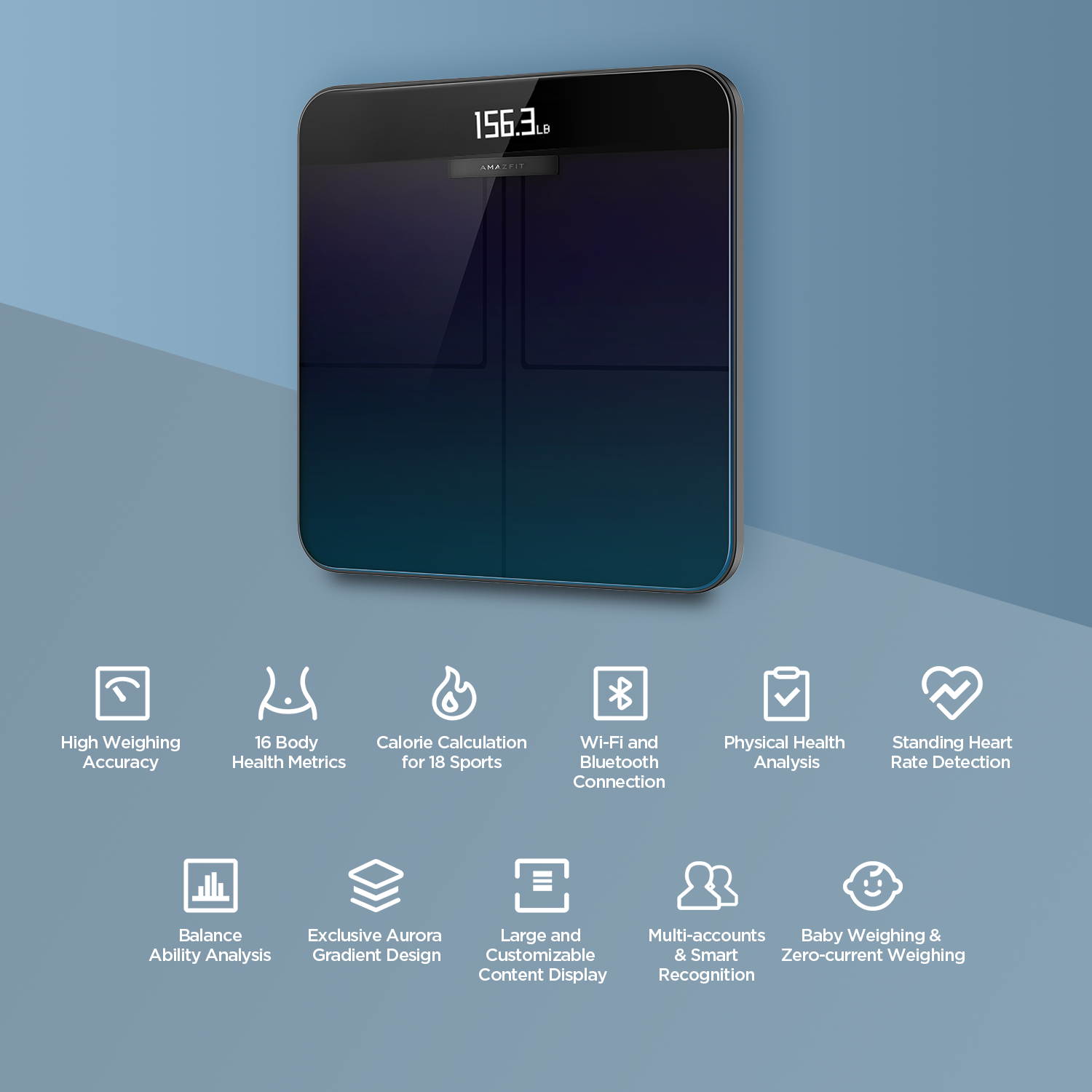 Amazfit Smart Scale Wi-Fi Bluetooth, Digital Body Fat BMI Scale, Tracks 16 Key Body Health Metrics, Full Body Composition Analysis, Heart Rate Monitor, Aurora