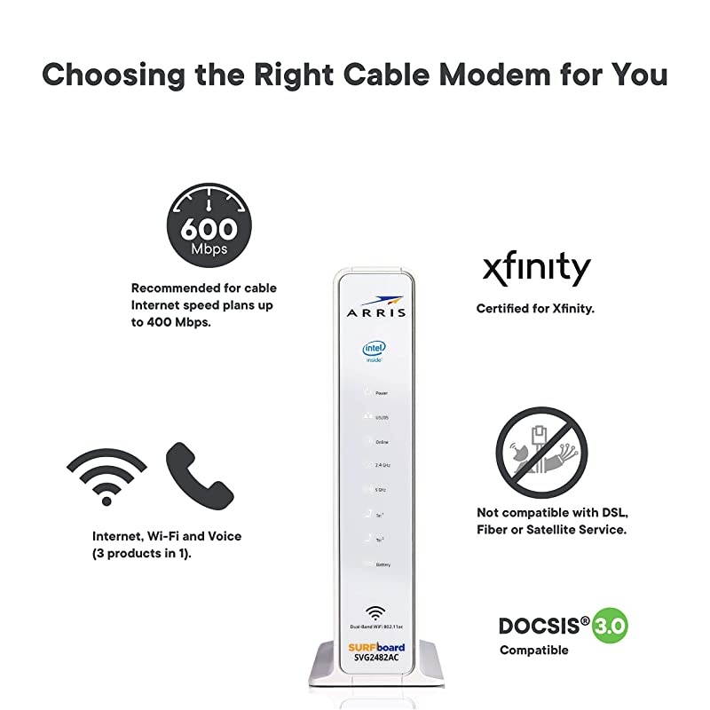 SURFboard SVG2482AC DOCSIS 3.0 24x8 Cable Modem & AC1750 Wi-Fi Router, Certified for Xfinity Internet & Voice. Approved for Xfinity plans up to 500 Mbps