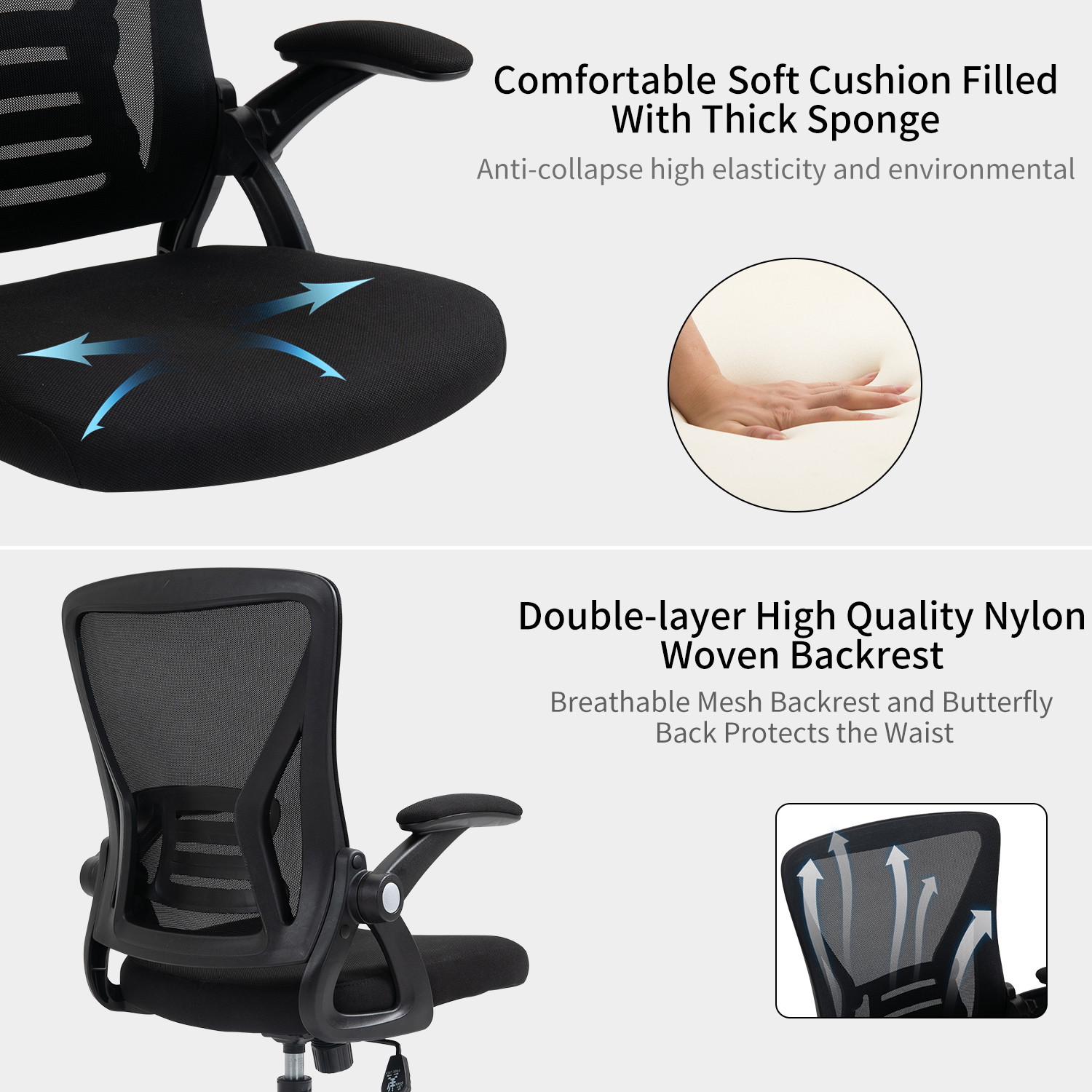Ergonomic Office Chair, Home Office Desk Chairs, Mid-back Computer Mesh Chair with Lumbar Support and Flip-up Arms, Swivel Task Chair