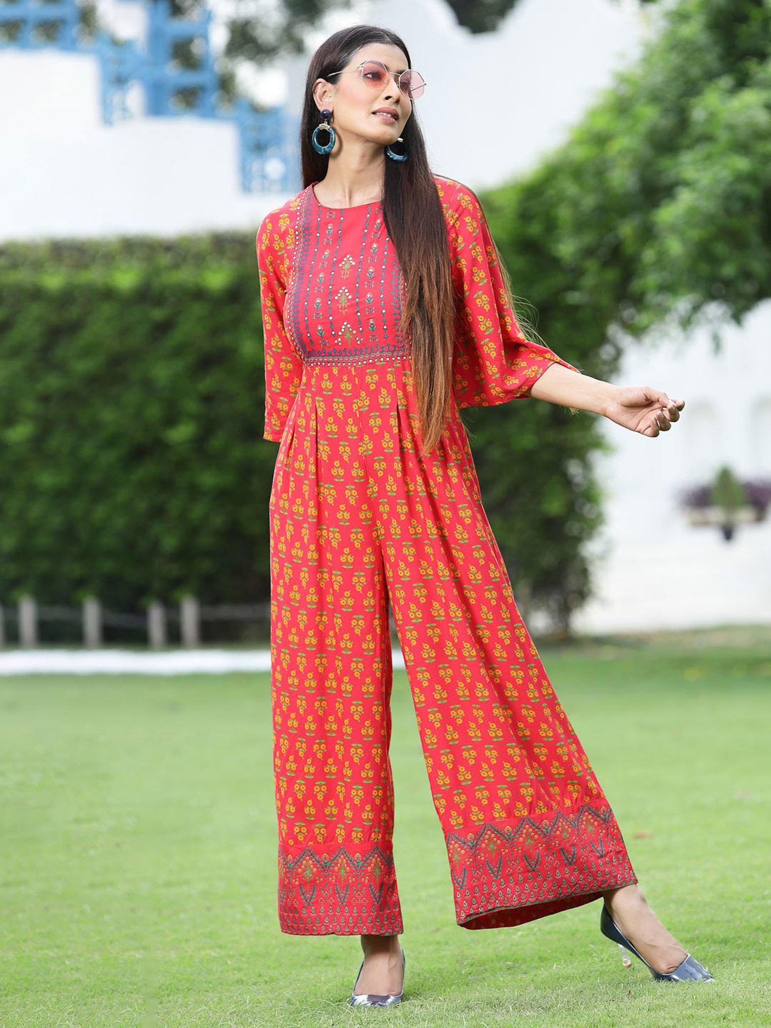 Juniper Coral Ethnic Motif Printed Rayon Flared Jumpsuit