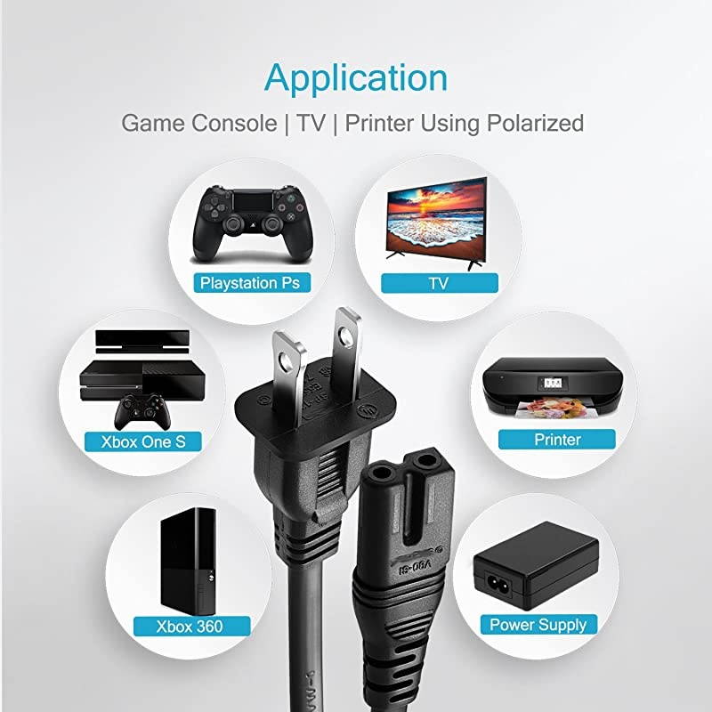UL Listed  2 Slot 6Ft Polarized 7A AC Power Cord for Vizio E-M-Series HDTV,Sharp,Smart LED TV,Sony PS1 PS2 (2 Prong NEMA-1-15P to IEC320-C7 Plug) Universal Replacement Wall Cable