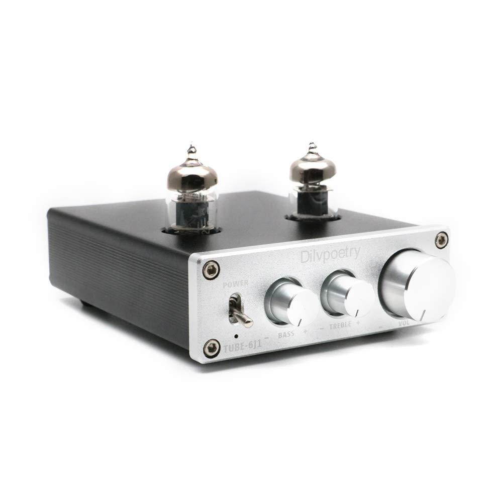 Dilvpoetry TUBE-6J1 Mini Vacuum Tube Amplifier HiFi Audio Tube Preamplifier Preamp NE5532P Chips Desktop Amp(Silver)