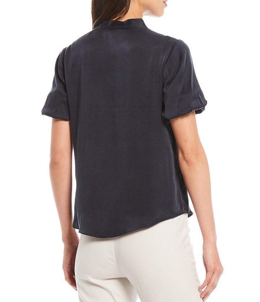 Antonio Melani Morgan Sandwashed Stretch Silk-Blend Short Puff Sleeve Mandarin Collar Neck Blouse