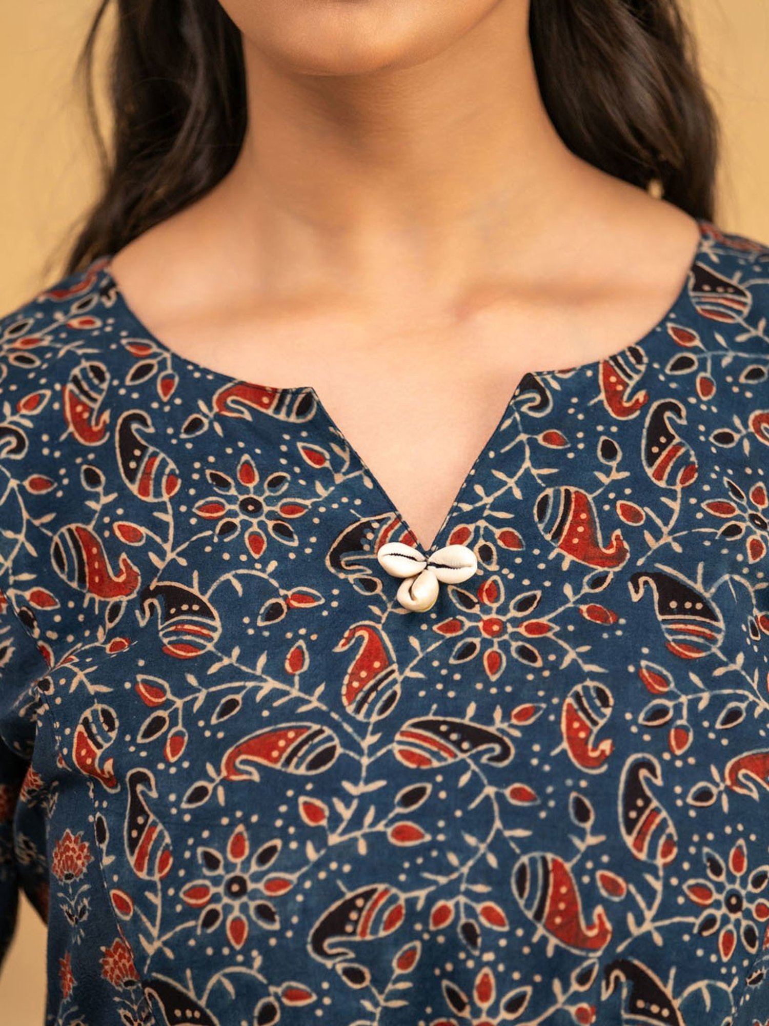 Love Chic Ajrakh A-Line Kurta with cowrie shells and crochet lace detailing