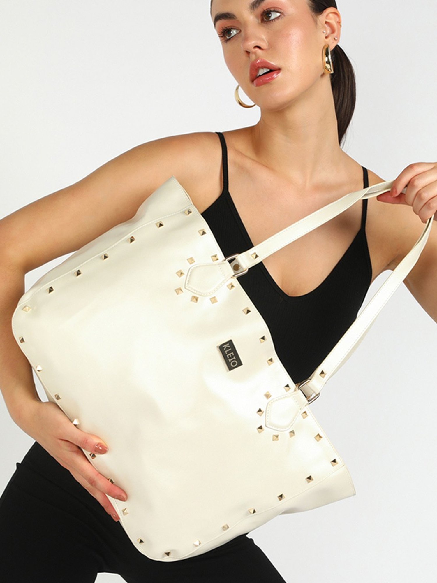 KLEIO Gold White Studded Medium Leather Tote Handbag