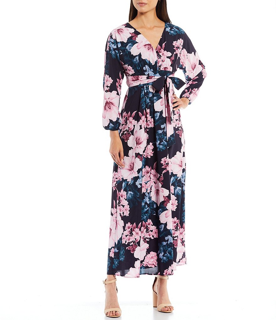 Kensie Floral Long Balloon Sleeve V-Neck Crepe de Chine Maxi Dress