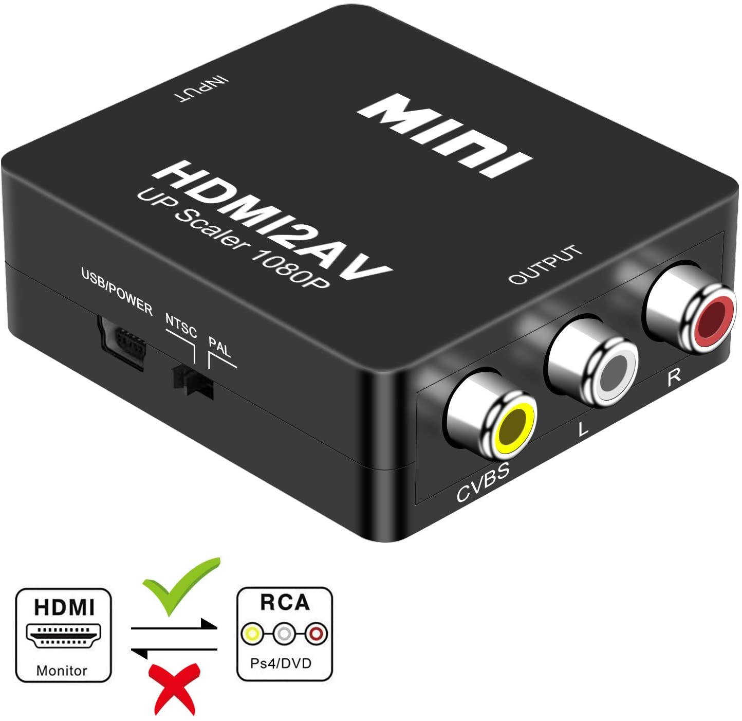 HDMI to RCA, DIGITNOW 1080P Mini HDMI to Analogue AV 3RCA CVBS Composite HD Video Audio Converter Adpter Supports PAL/NTSC with USB Charge Cable for PC Laptop PS4 PS3 Xbox Blue-Ray HDTV Camera DVD