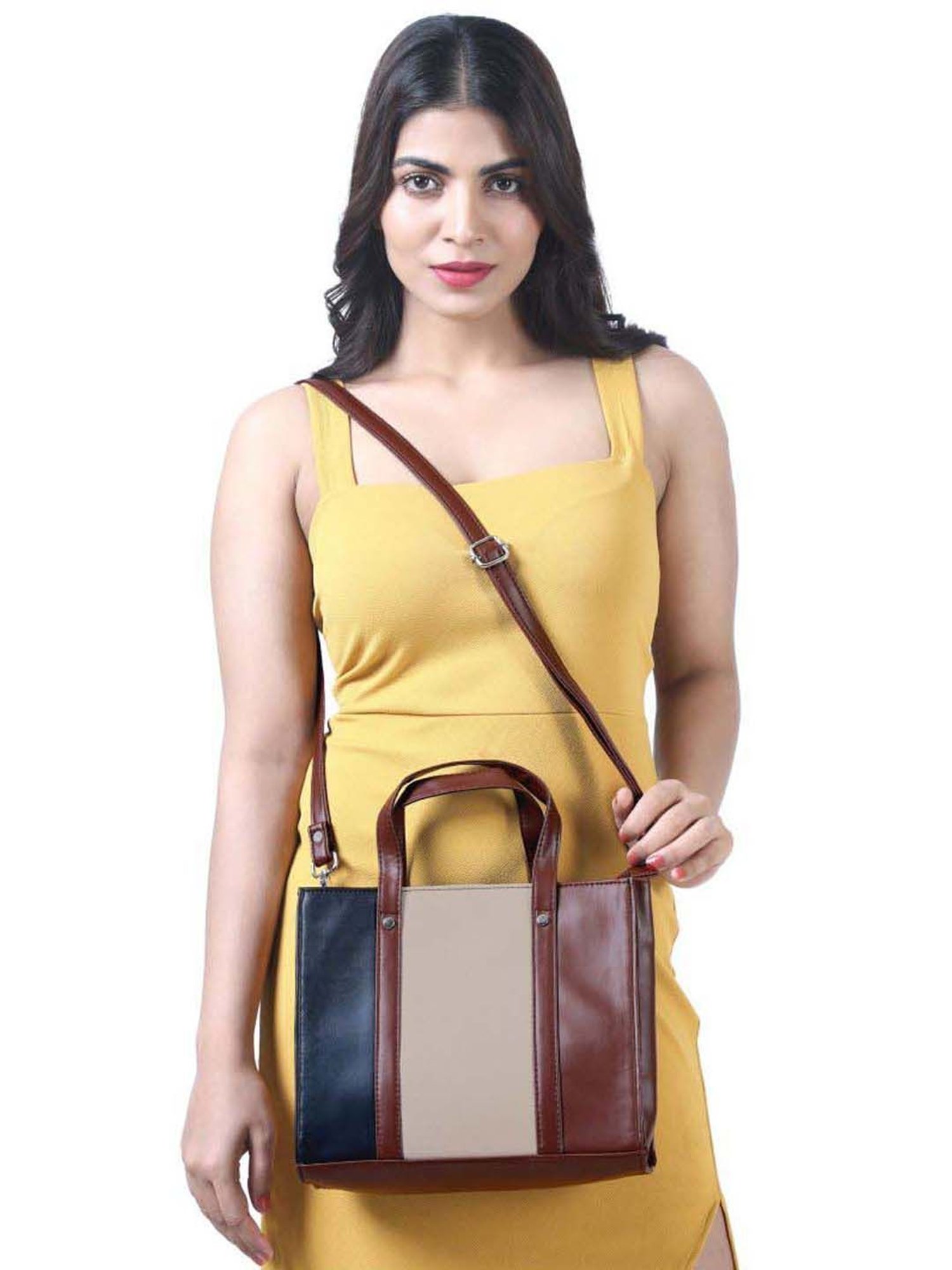 Toteteca Brown Color Block Medium Handbag