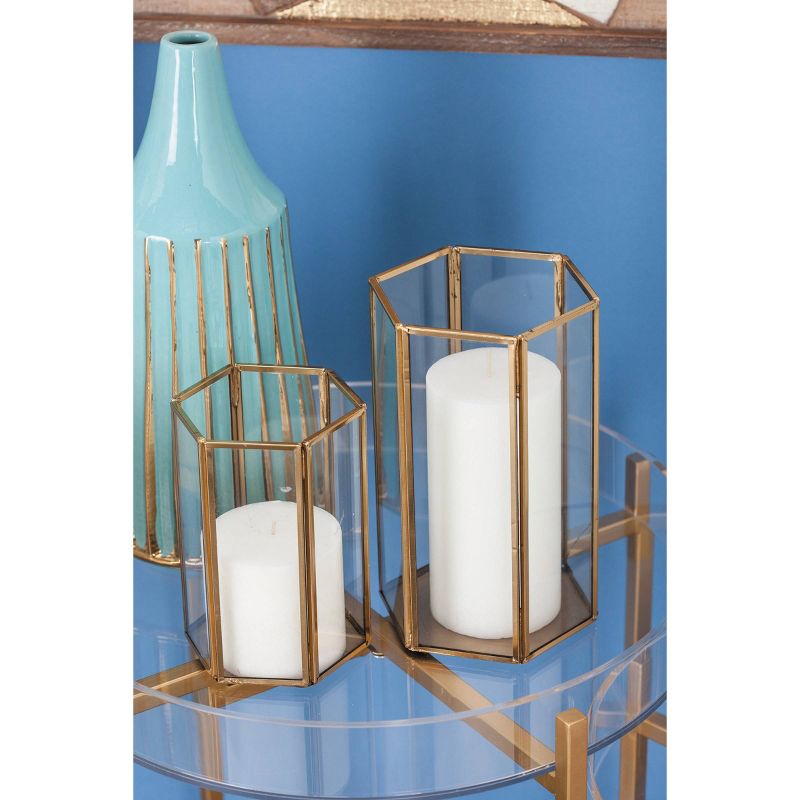Set of 3 Modern Metal and Glass Candle Holders with Hexagon Silhouettes Gold - CosmoLiving by Cosmopolitan