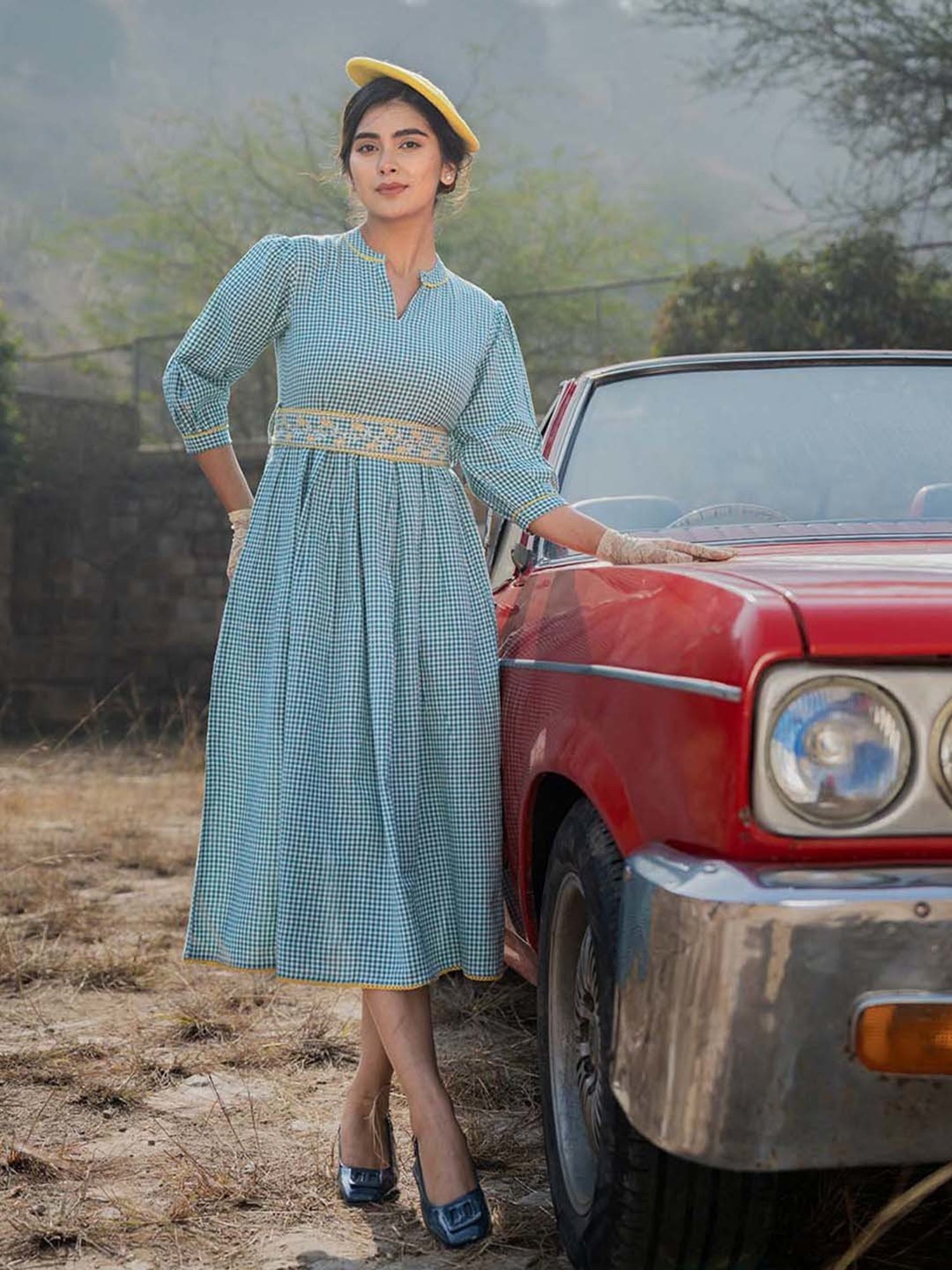 Yufta Teal Green Check Ethnic Dresses