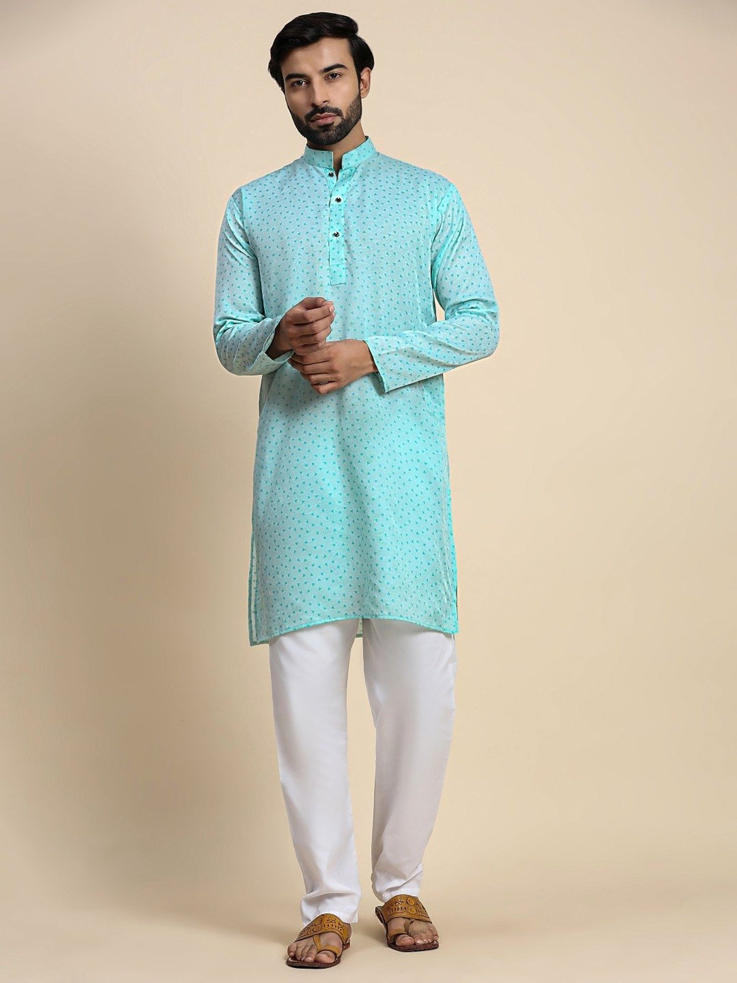 Pro-Ethic Style Developer Blue & White Cotton Regular Fit Printed Kurta Bottom Set