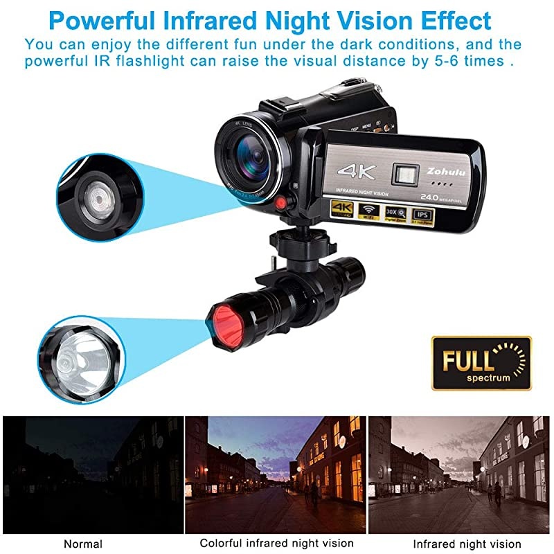 Wifi Full Spectrum Camcorders, Ultra HD Infrared Night Vision Paranormal Investigation Video Camera with 60fps 24MP 30X Digital Zoom - Ghost Hunting Camera(with 2 batteries, 32GB SD card included)
