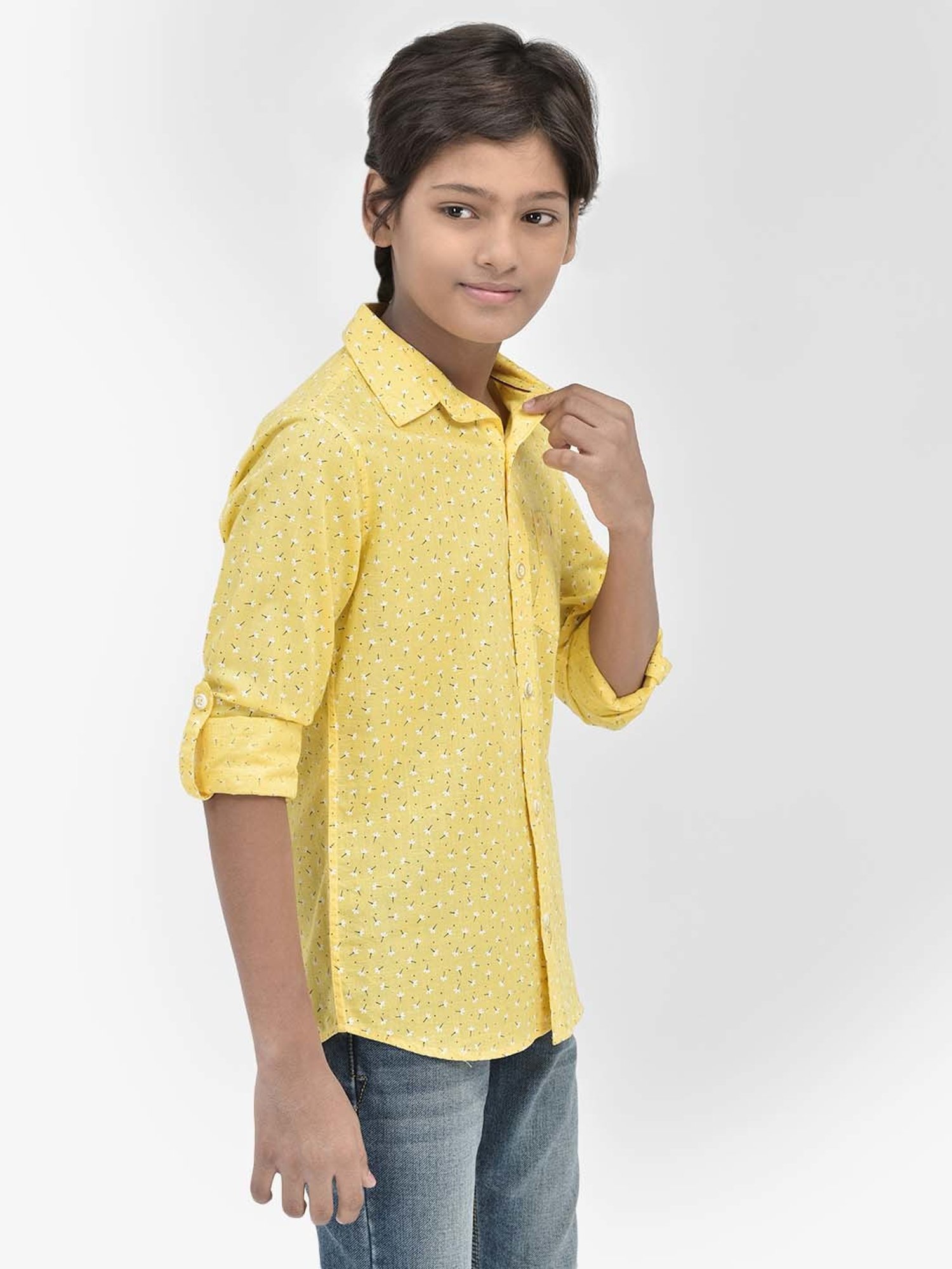 Crimsoune Club Kids Yellow Cotton Floral Print Full Sleeves Shirt
