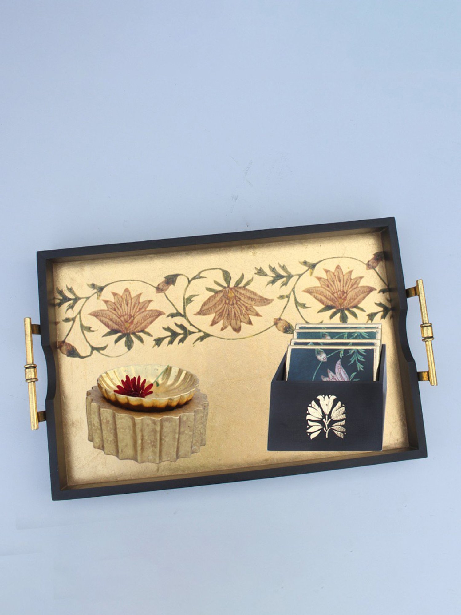 Karo Zaira Printed Antique Gold Wood Tray