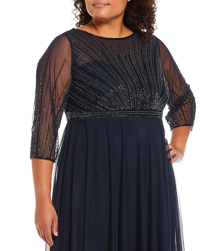 Jkara Plus Size 3/4 Sleeve Illusion Beaded Jewel Neck Lined Gown