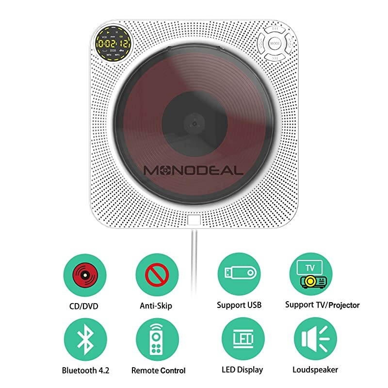 Rechargeable Portable CD Player with Bluetooth  Wall Mounted CD Player with Speaker with Remote Control and Dust Cover Also Support DVD VCD and More