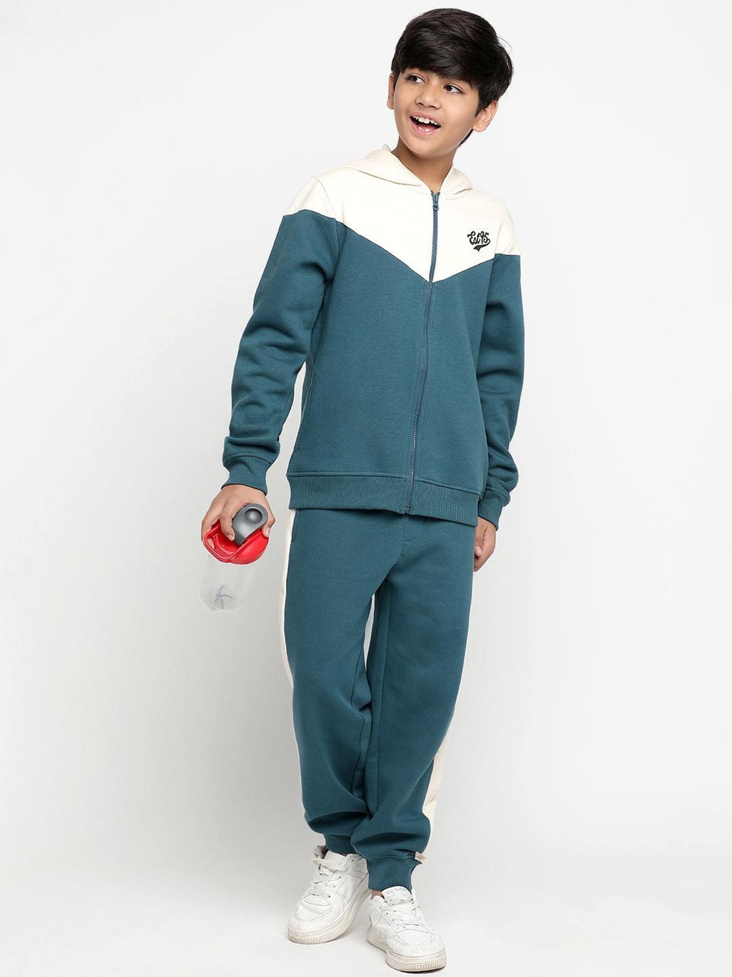 Lil Tomatoes Kids Teal Color Block Full Sleeves Tracksuit