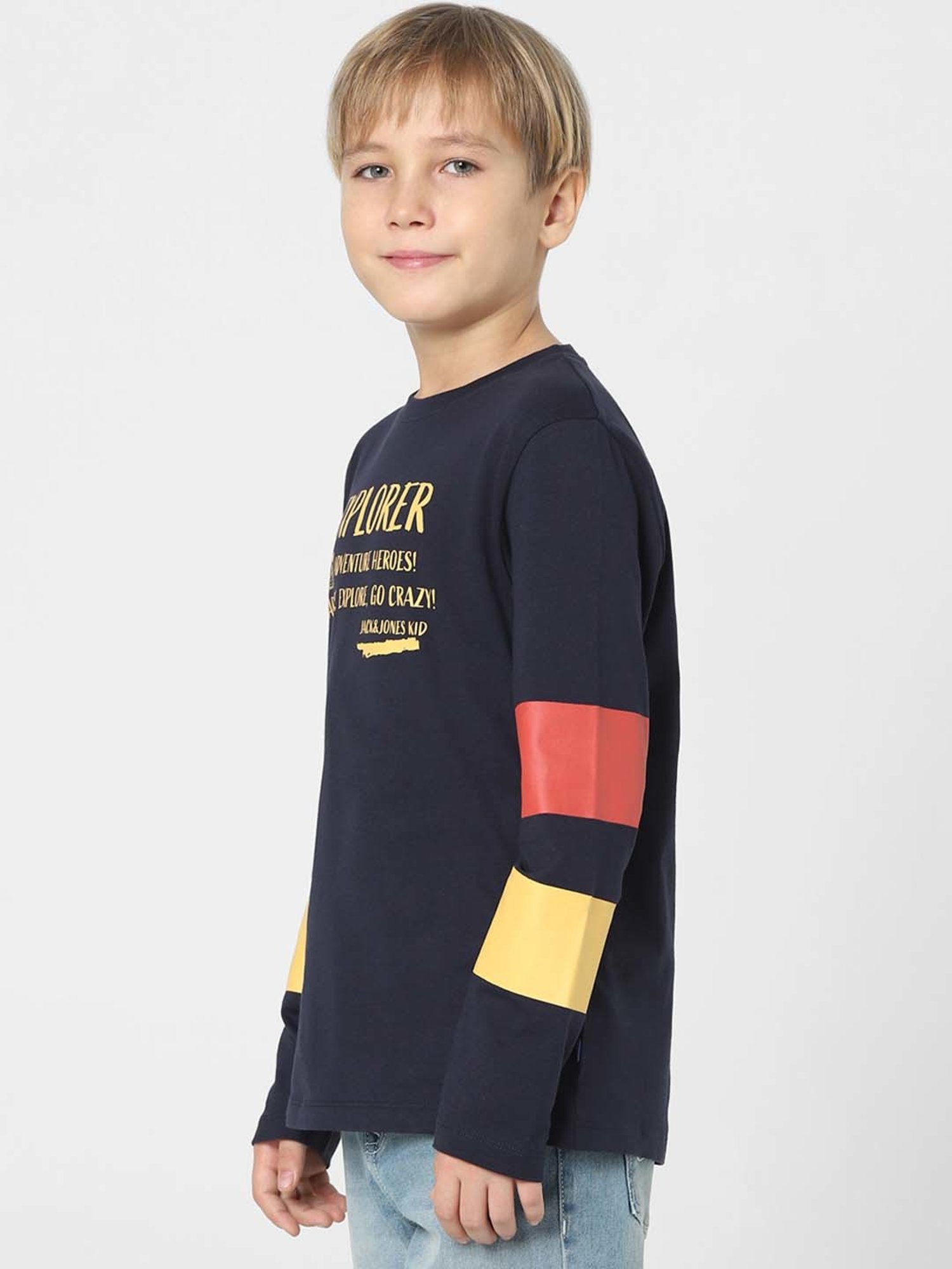 Jack & Jones Junior Blazer Navy & Yellow Cotton Printed Full Sleeves T-Shirt