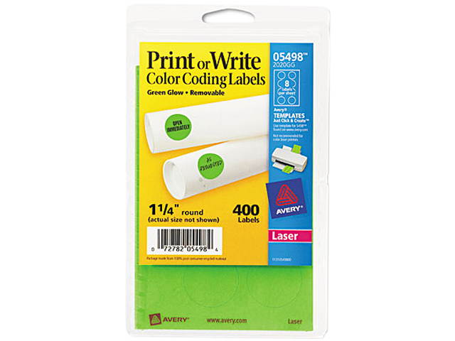 Avery 05498 Print or Write Removable Color-Coding Labels, 1-1/4in dia, Neon Green, 400/Pack