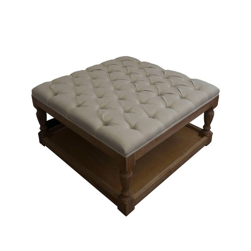 Tufted Fabric Ottoman Table with Open Shelf and Turned Legs Brown - Benzara