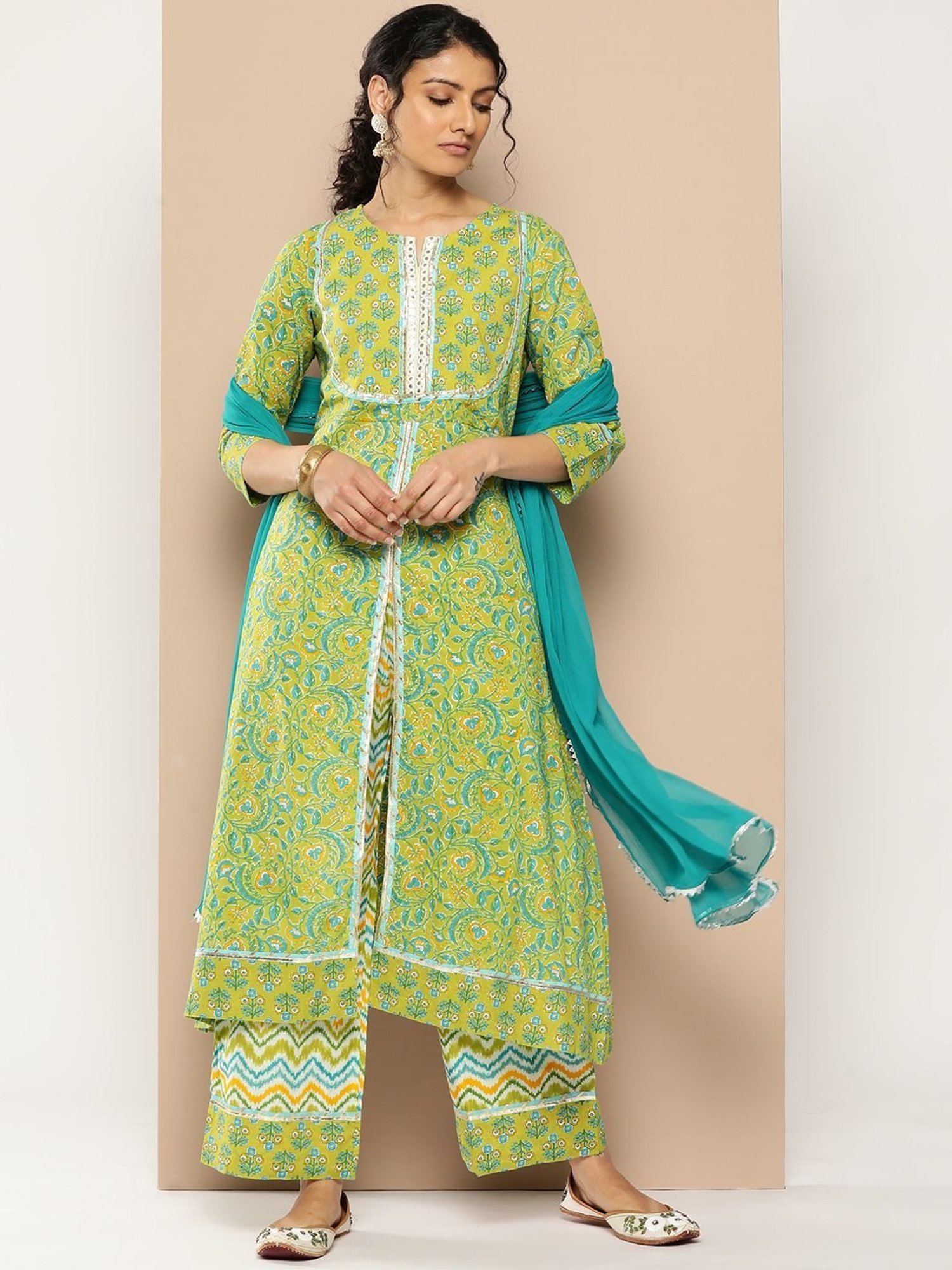 KSUT Green Cotton Printed Kurta Palazzo Set With Dupatta