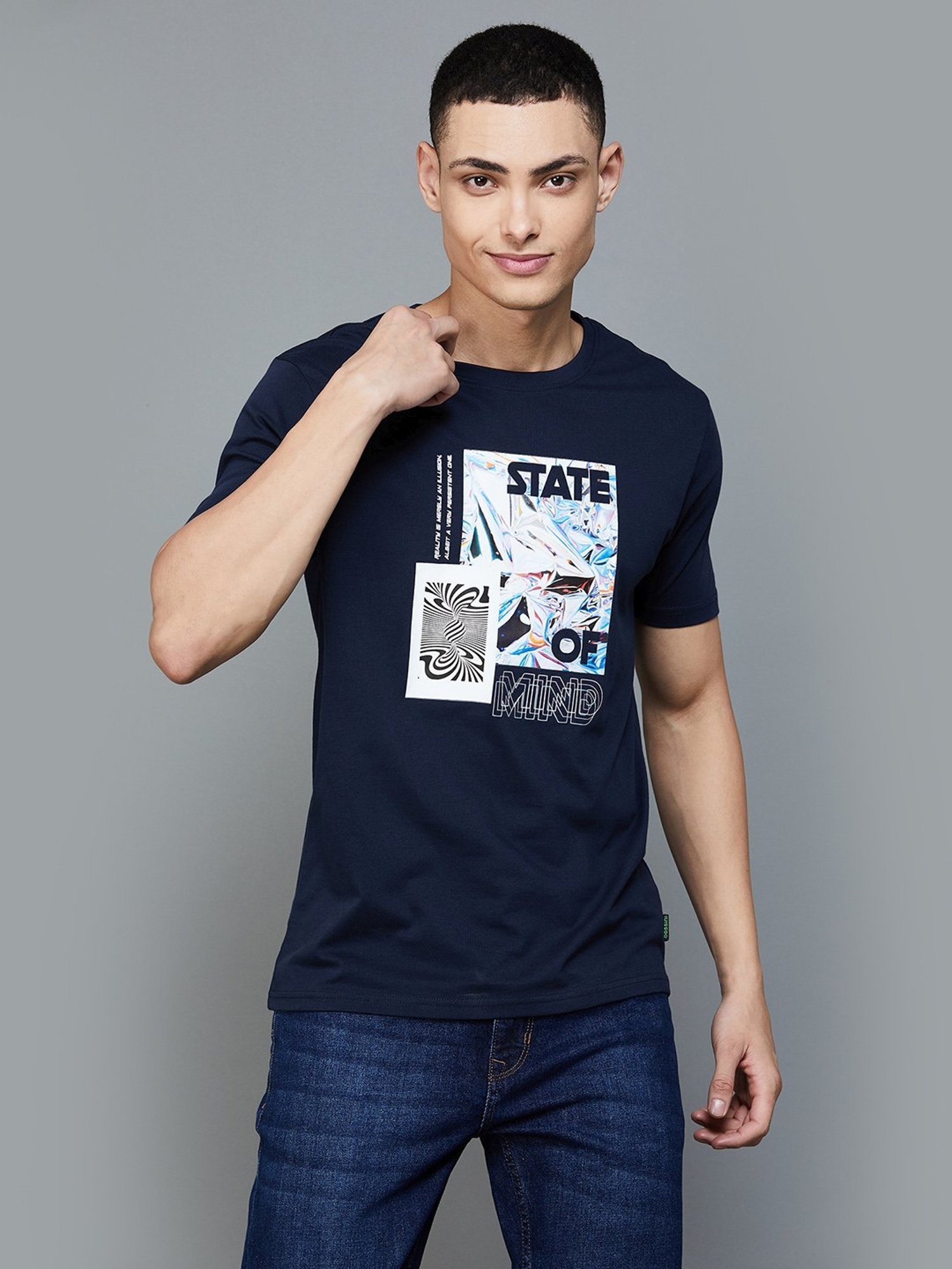 BOSSINI Navy Cotton Slim Fit Printed T-Shirt
