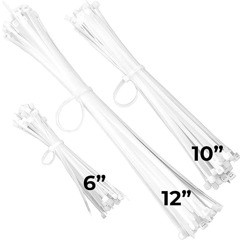 White Zip Ties Multisize Set of 150 HighStrength Cable Tie Pack Has 50x 6 10 12 Inch UVResistant Nylon Fasteners Durable Wraps For Storage Organization and Wire Management