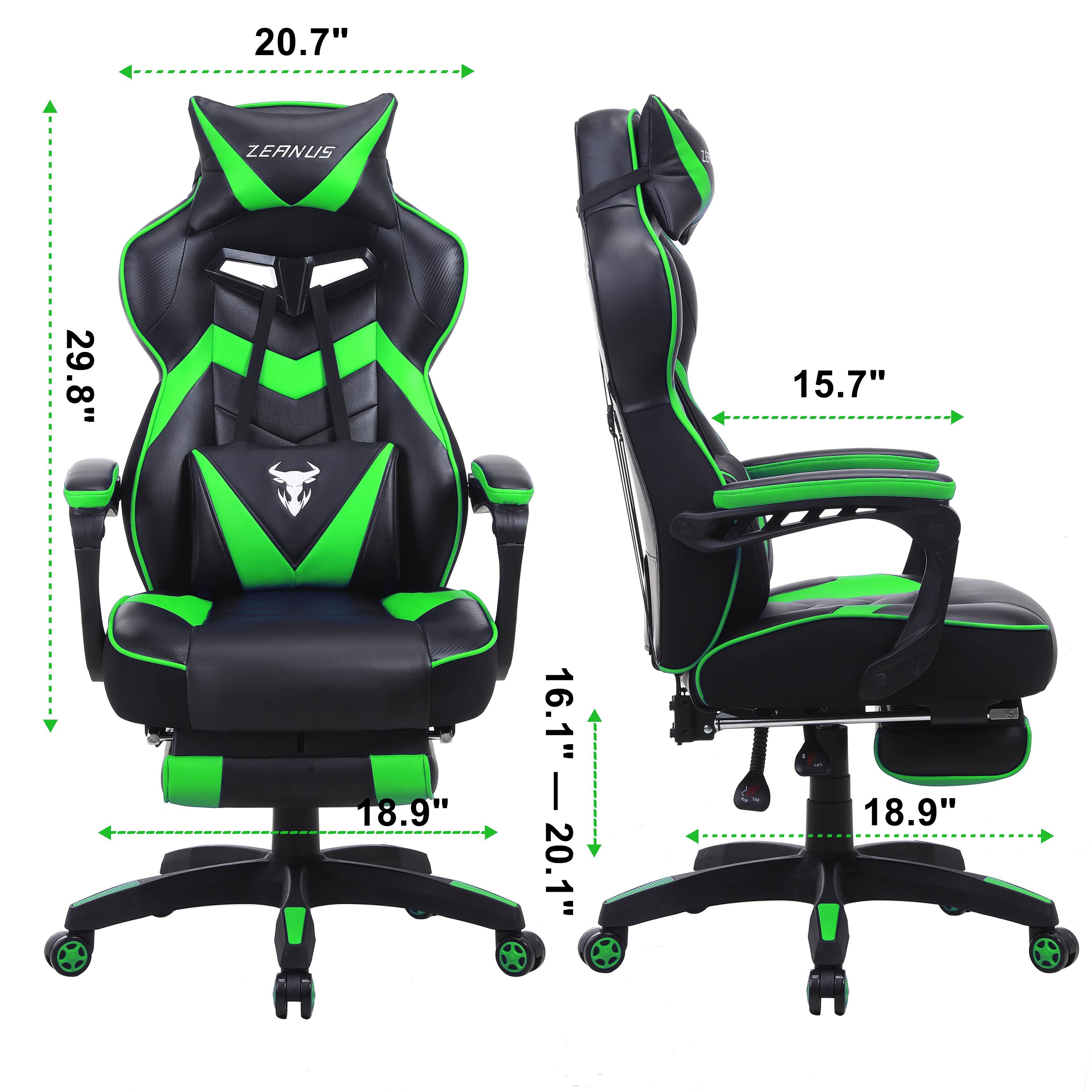 Zeanus Gaming Chair for Adults Green, Gaming Chair with Footrest, Massage Computer Gaming Chair, Reclining Gaming Desk Chair, Big and Tall Video Gaming Chair, Racing Style Chair, E-Sports Gamer Chair