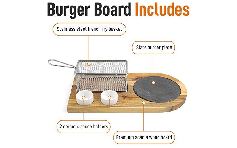 Yukon Glory Burger Board Set, Includes Premium Acacia Wood Board With Slate, Stainless Steel Fry Basket, Porcelain Condiment Cups