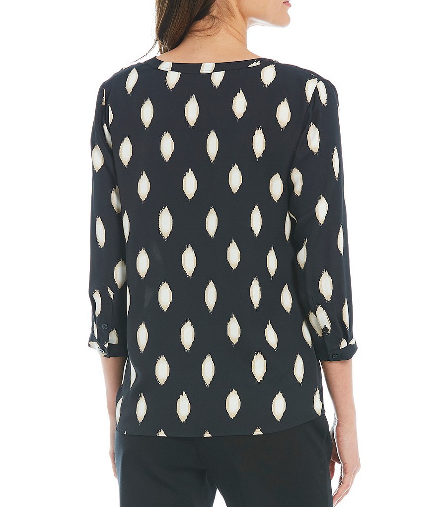 Investments Petite Size 3/4 Sleeve Split Neck Diamond Print Top