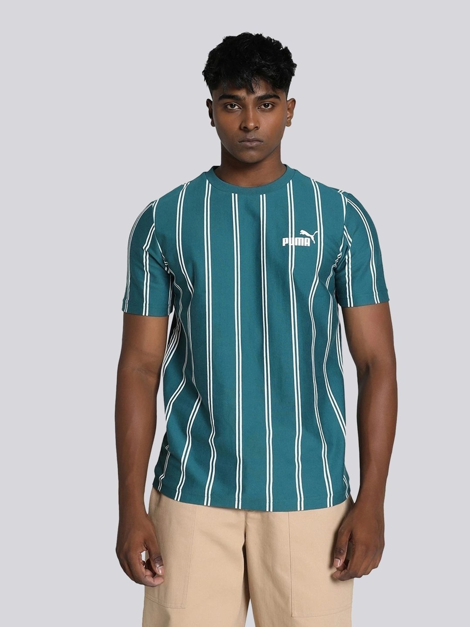 Puma Sports Club Green Cotton Regular Fit Striped T-Shirt