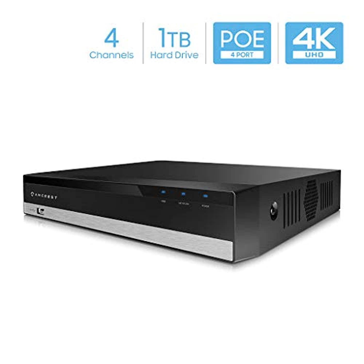 amcrest nv2104e-1tb 4k poe nvr (4ch 1080p/3mp/4mp/5mp/6mp/4k) network video recorder - supports up to 4 x 4k poe ip cameras @ 3