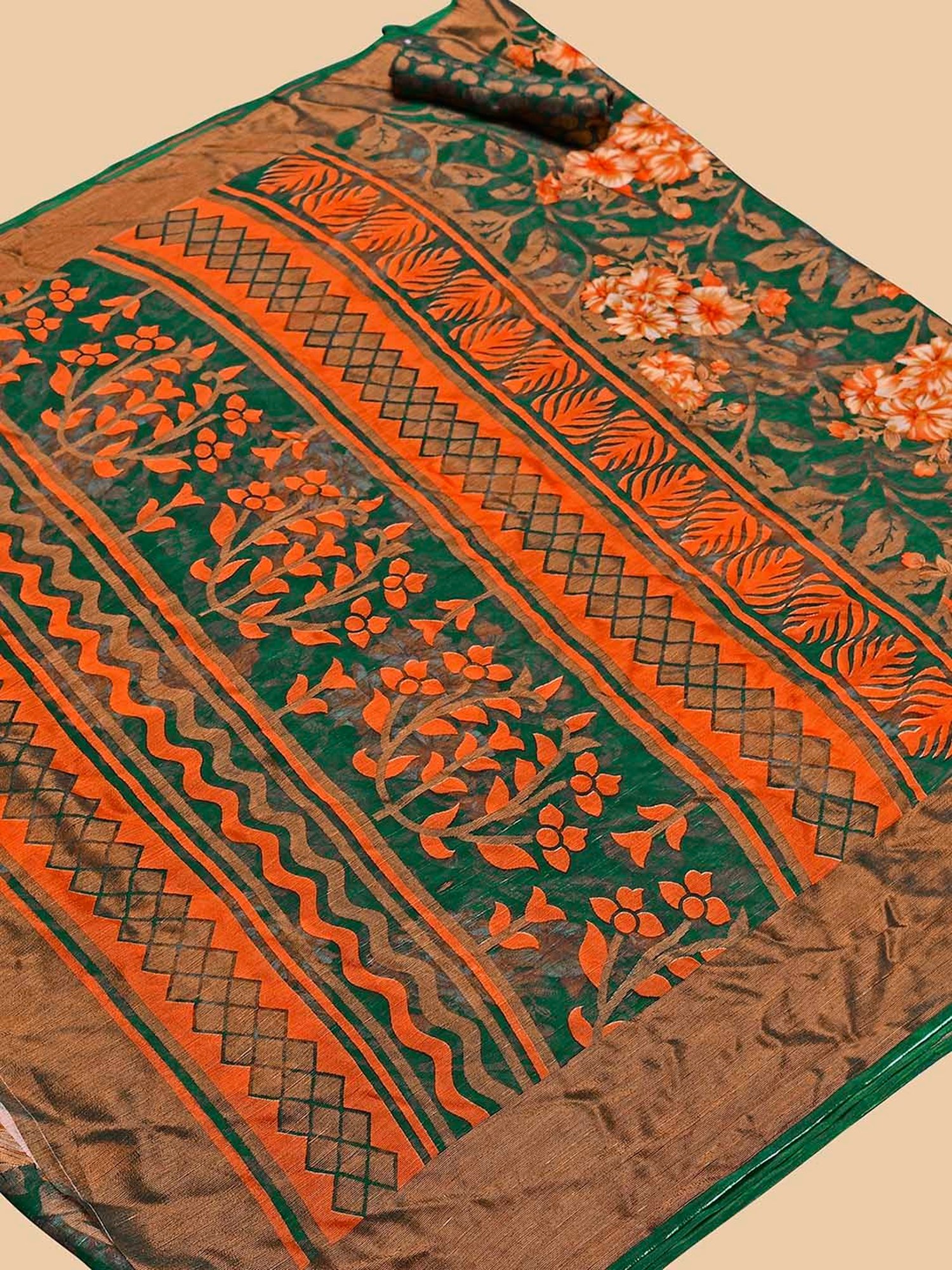 Rangita Green Printed Saree With Blouse